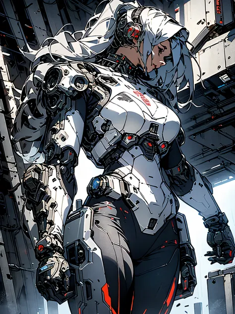 a strong adult woman，in her huge and elaborate mecha suit.Heavy weapons, Cyberpunk visor, The entire outfit features high-tech g...