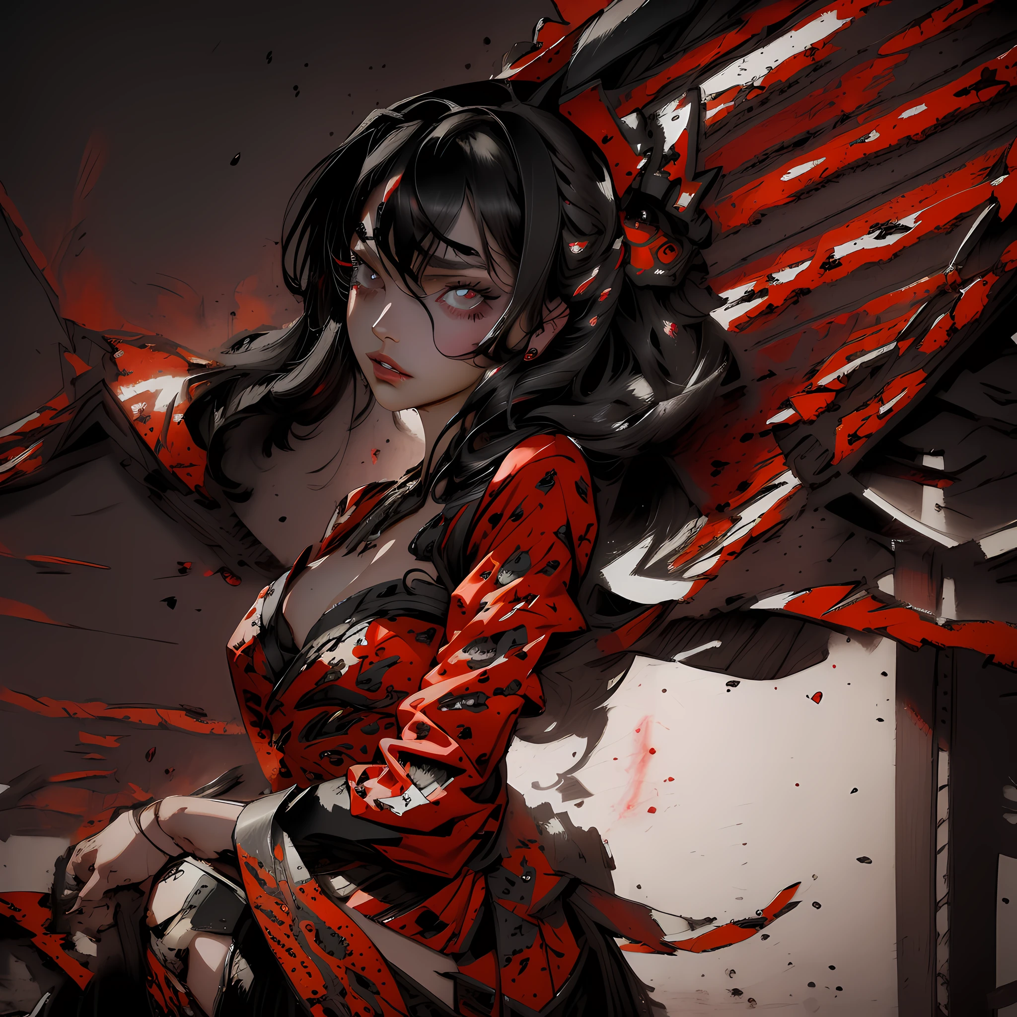 (Best quality at best,4K,A high resolution,ultra - detailed,actual:1.2),sportrait, 詳細な目, 詳細な唇, cabelos preto e longos, Intense expression, wielding a sword, Blood splattered on her face, Strong lighting, deep dark background