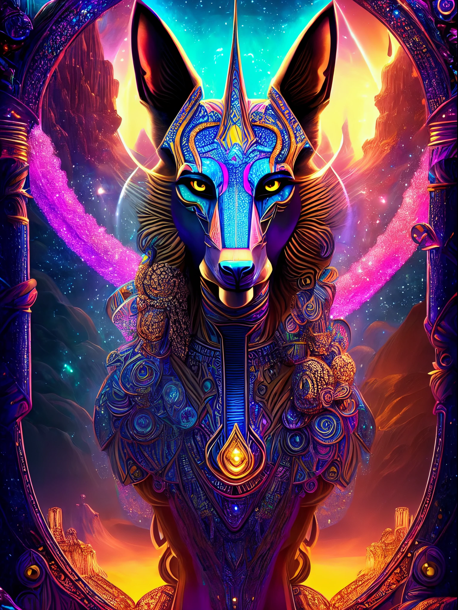 The prompt for the given theme would be: "Anubis in a psychedelic and surreal world, ultra-detailed, with vibrant colors and lighting effects, creating a masterpiece with 8k and 4k resolution. Anubis is depicted with intricate details, merging with the surroundings seamlessly. The artwork showcases Anubis under the influence of LSD, where space and time lose their boundaries. The scene exudes a sense of otherworldly beauty and mystique, combining the ancient Egyptian deity with a contemporary psychedelic aesthetic, creating a visually stunning and mind-altering experience."