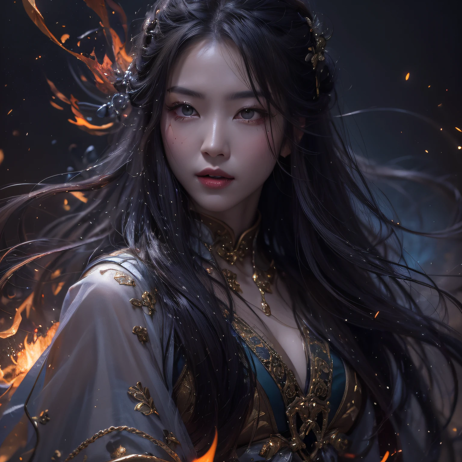 A woman with long hair and a black dress stands in front of the fire, flames surround her,she has fire powers, epic fantasy digital art style, Dreamy and gorgeous lights, Digital fantasy art, Digital 2D Fantasy Art，ancient chinese fantasy，Forty-five degree angle view，completely see-through，Woman with sword in hand，There is a totem on the sword，cold steel sword，Panorama ultra-wide angle，Woman smiling charming，The texture of the real person is delicate，strong visual impact，hyper-detailing，Girl with delicate face，pretty eyes，Purple eyes with starlight，largeeyes，long eyelasher，Hair floating in the air，Ancient Chinese long hair hairstyle，Redlip， cherry version，crystal-clear，Good sense of perspective，Surface reflected light，flowing dark hair，The content is very detailed，Exquisite，surrealism painting，Black flame entanglement，The feeling of ink flame，Picture close-up，closeup of face，China 1 girl，Rouge skin，Glowing skin，delicated face，black color hair，Put on the fantasy and gorgeous black robe，Ancient Chinese strapless robe，Ancient Chinese long dress，Big breasts are beautiful，Delicate figure，looking at the camera in，45 degree angle portrait close-up，half-body portrait，Close-up of people，Upper body hea background close-up，Background Black，background whites，Background black and white ink feeling，Delicate lubrication，to emphasize，solid color backdrop，Splashed ink background。