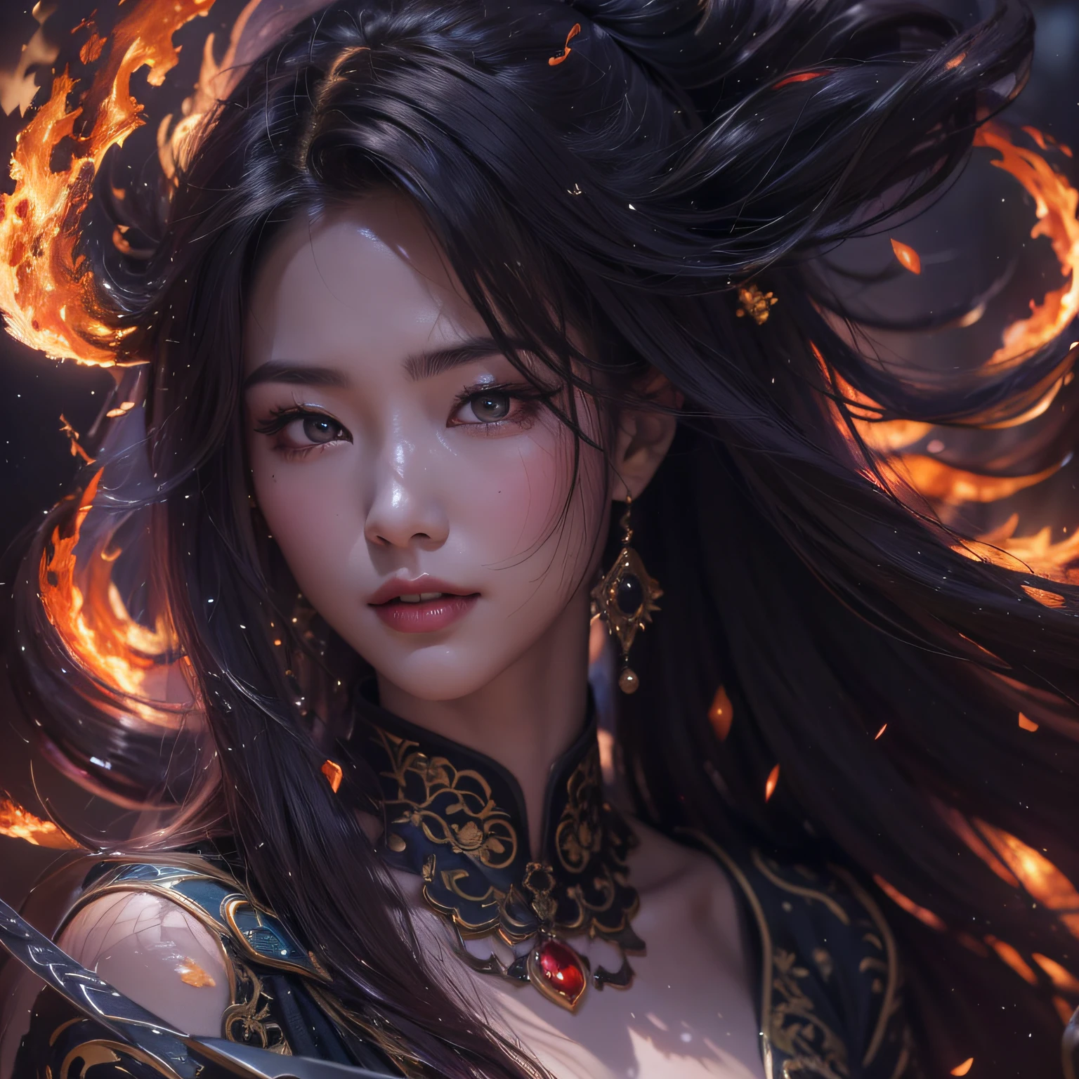 A woman with long hair and a black dress stands in front of the fire, flames surround her,she has fire powers, epic fantasy digital art style, Dreamy and gorgeous lights, Digital fantasy art, Digital 2D Fantasy Art，ancient chinese fantasy，Forty-five degree angle view，completely see-through，Woman with sword in hand，There is a totem on the sword，cold steel sword，Panorama ultra-wide angle，Woman smiling charming，The texture of the real person is delicate，strong visual impact，hyper-detailing，Girl with delicate face，pretty eyes，Purple eyes with starlight，largeeyes，long eyelasher，Hair floating in the air，Ancient Chinese long hair hairstyle，Redlip， cherry version，crystal-clear，Good sense of perspective，Surface reflected light，flowing dark hair，The content is very detailed，Exquisite，surrealism painting，Black flame entanglement，The feeling of ink flame，Picture close-up，closeup of face，China 1 girl，Rouge skin，Glowing skin，delicated face，black color hair，Put on the fantasy and gorgeous black robe，Ancient Chinese strapless robe，Ancient Chinese long dress，Big breasts are beautiful，Delicate figure，looking at the camera in，45 degree angle portrait close-up，half-body portrait，Close-up of people，Upper body hea background close-up，Background Black，background whites，Background black and white ink feeling，Delicate lubrication，to emphasize，solid color backdrop，Splashed ink background。