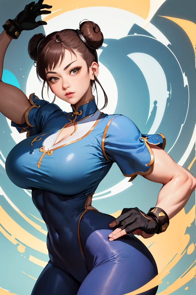 (Best Quality, 8k, 32k,1 Girl, Gigantic Breasts, Thick Thighs, Super Wide Hips, Huge Ass, Perfect Body, Ultra Detailed Face, Brown Hair, Blue Legging Pants, Chun Li, Stuck Hair, Two Buns in Hair.