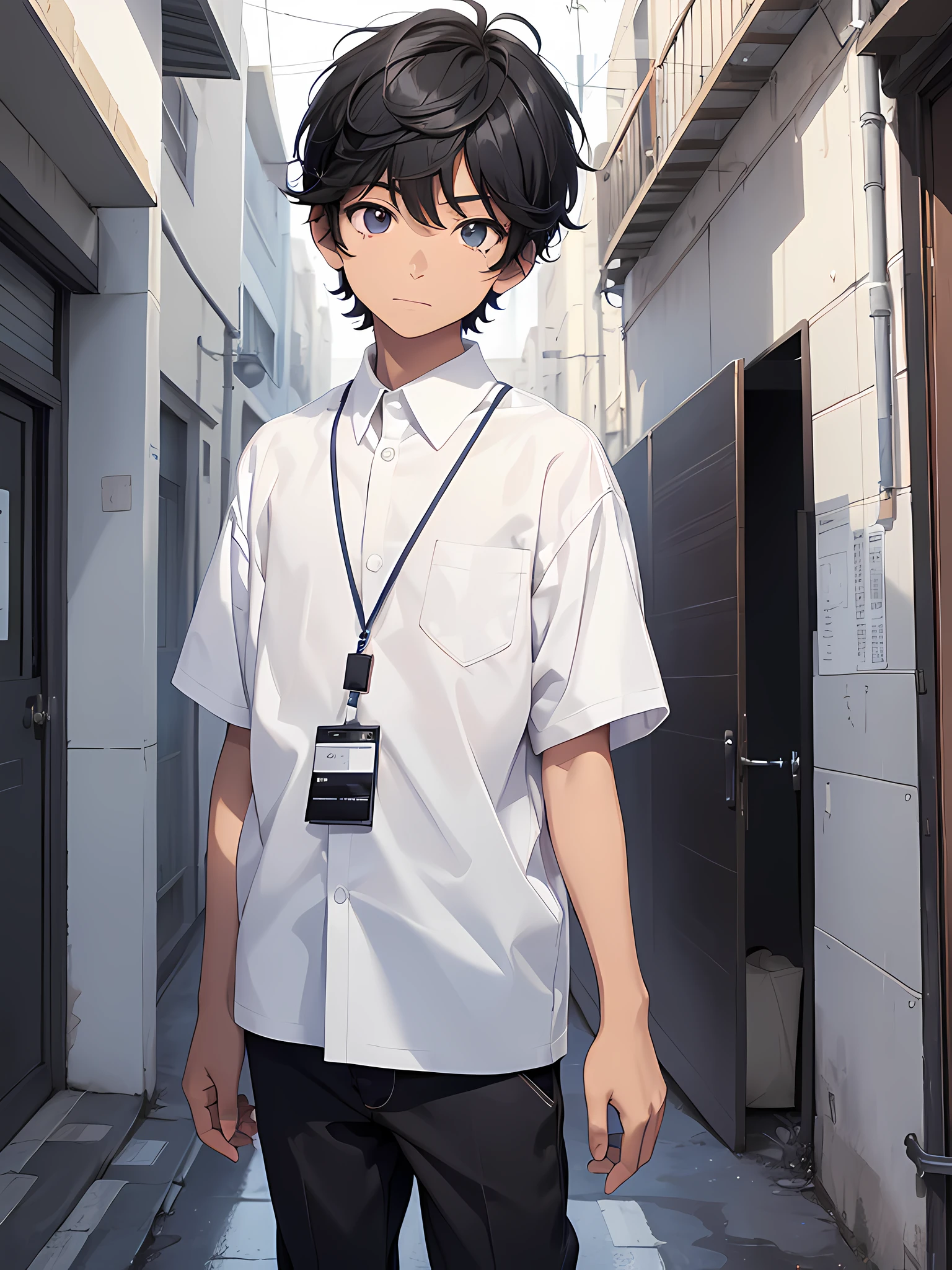 1boy, young male, age 12, black hair, happy, solo, detailed eyes, clear eyes, quality eyes, masterpiece, (UntuckedShirt:1.3), UntuckedShirt, student, White shirt (untucked, plain white, pocket, buttons), short sleeves, long black pants, wearing blue lanyard, standing, park, school, anime, line art anime