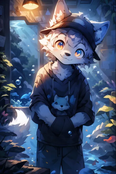 masterpiece, best quality, bright eyes, detailed eyes, furry, wolf, male, baggy clothing, baseball cap, (head tilt:1.3), high saturation, colorful, detailed background, perfect lighting, shadow, aquarium, window, deep blue theme, bubble