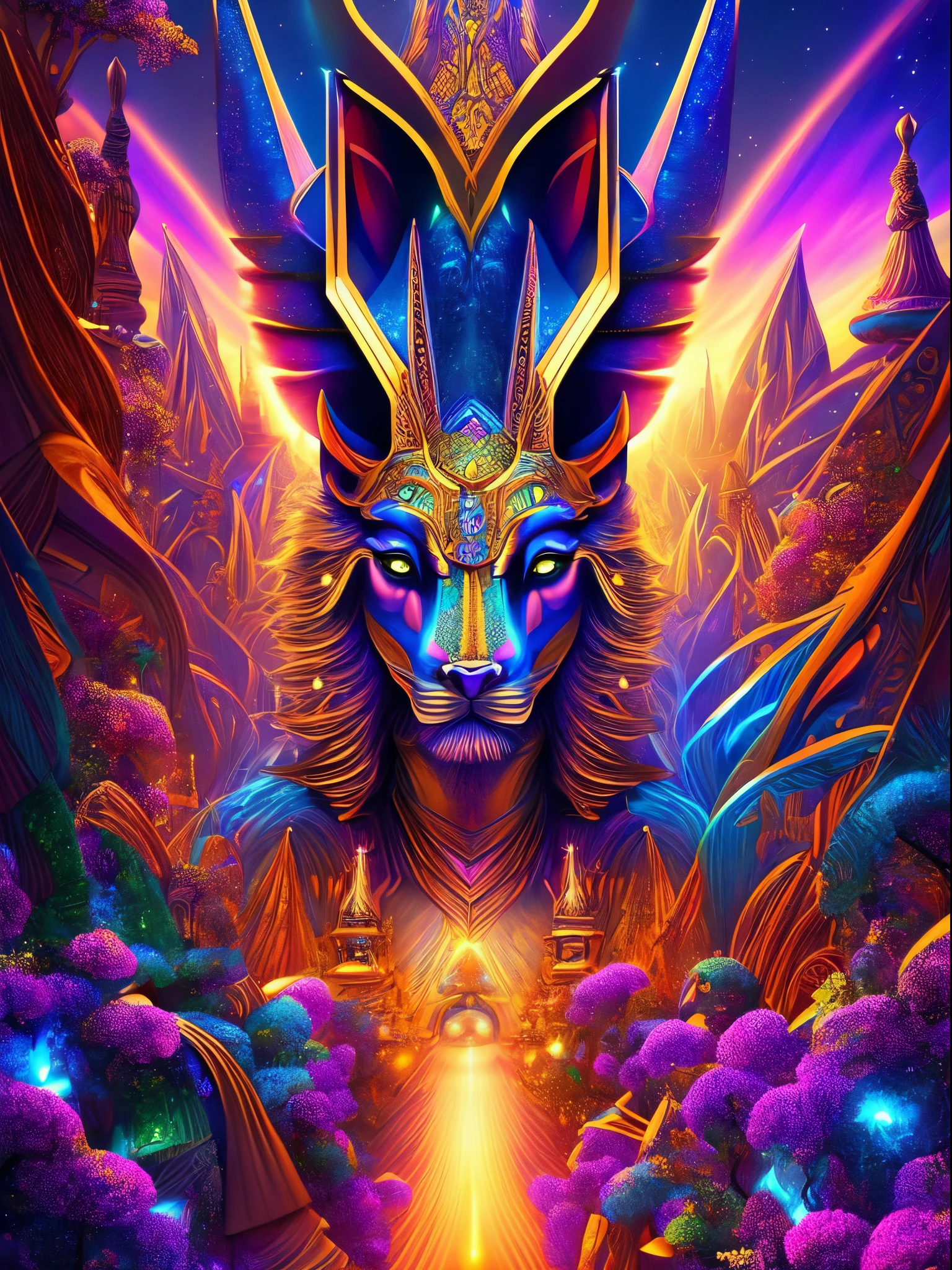 "Anubis in a psychedelic and surreal world, ultra-detailed, with vibrant colors and lighting effects, creating a masterpiece with 8k and 4k resolution. Anubis is depicted with intricate details, merging with the surroundings seamlessly. The artwork showcases Anubis under the influence of LSD, where space and time lose their boundaries. The scene exudes a sense of otherworldly beauty and mystique, combining the ancient Egyptian deity with a contemporary psychedelic aesthetic, creating a visually stunning and mind-altering experience."