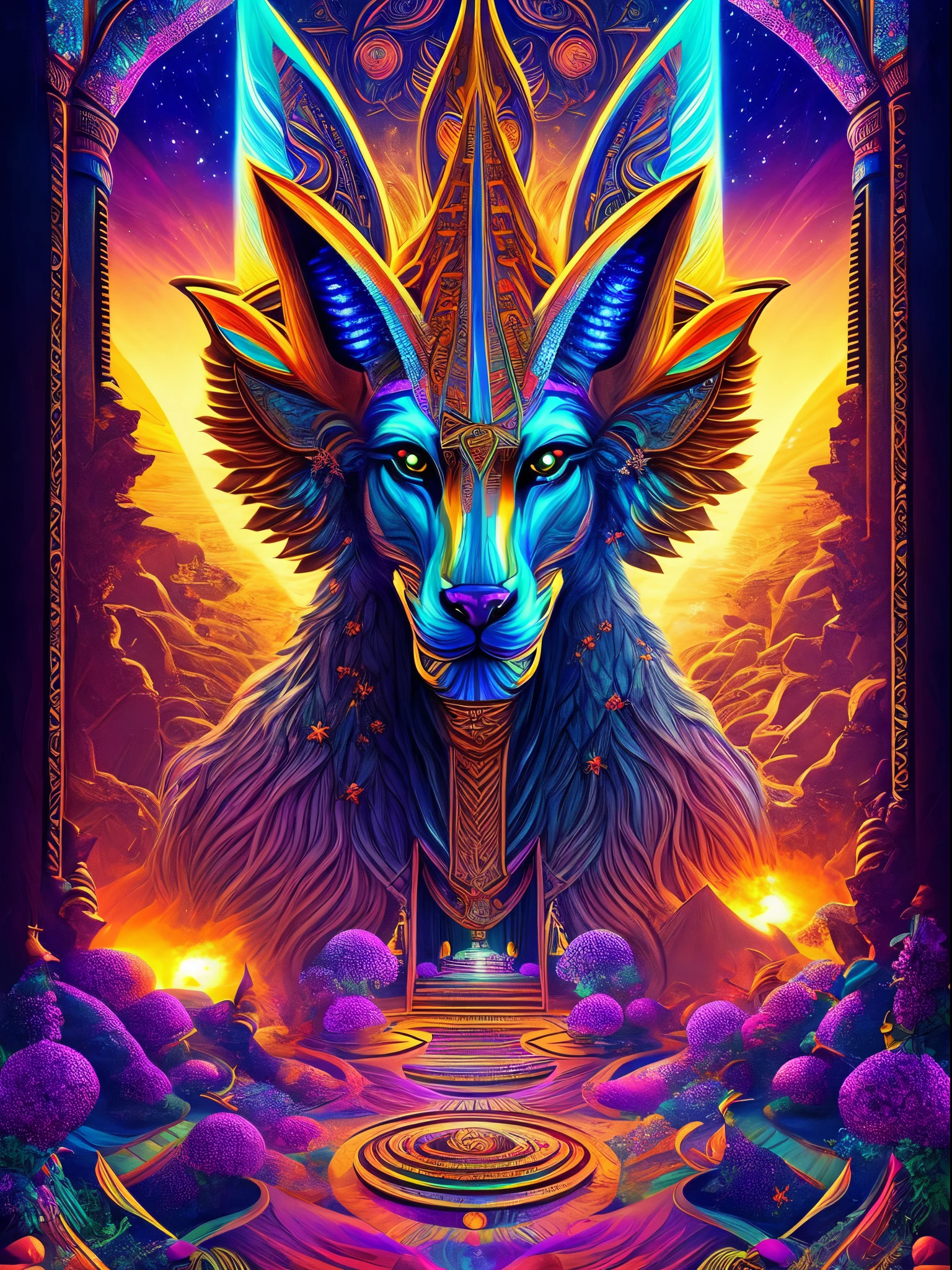 "Anubis in a psychedelic and surreal world, ultra-detailed, with vibrant colors and lighting effects, creating a masterpiece with 8k and 4k resolution. Anubis is depicted with intricate details, merging with the surroundings seamlessly. The artwork showcases Anubis under the influence of LSD, where space and time lose their boundaries. The scene exudes a sense of otherworldly beauty and mystique, combining the ancient Egyptian deity with a contemporary psychedelic aesthetic, creating a visually stunning and mind-altering experience."