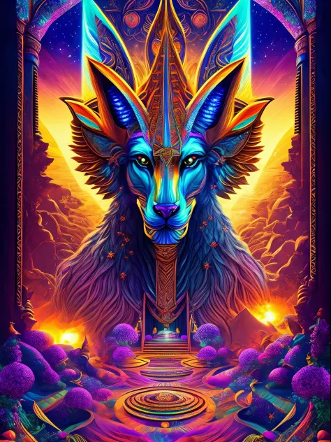 "Anubis in a psychedelic and surreal world, ultra-detailed, with vibrant colors and lighting effects, creating a masterpiece wit...