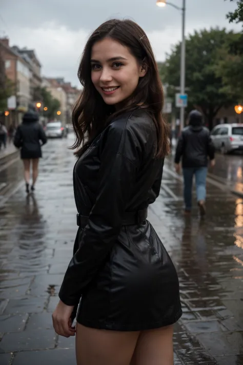 30 year old woman, with a young appearance, in the square (alone) singing, with an expression of joy (smiling), while it rains, in a cloudy and dark storm (without much traffic), with black clothes( Qualidade Superior, super definition, High definition))