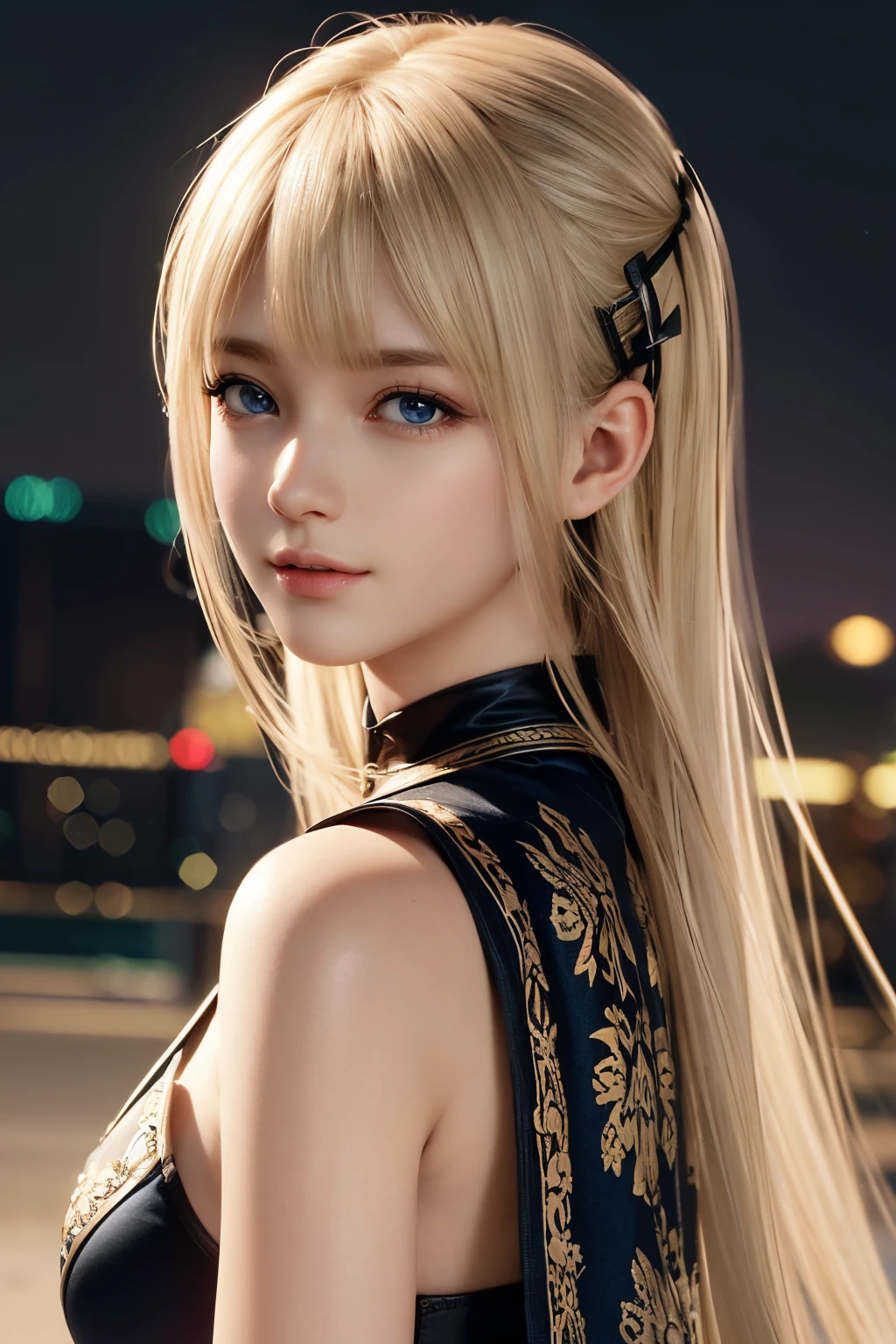 ​Marie rose, Blonde hair, masterpiece, masterpiece, (Ultra Realistic), (Illustration), (Increased Resolution), (8K), (Extremely Detailed), (Best Illustration), (Beautiful and Detailed Eyes), (Best Quality), (Ultra Detailed), (Masterpiece ), ( wallpaper), (detailed face), solo, 1 girl, looking at viewer, fine details, detailed face, in the dark, deep shadows, low key, pureerosfaceace_v1, smiling, long hair, black shawl straight hair , 46 points oblique bangs