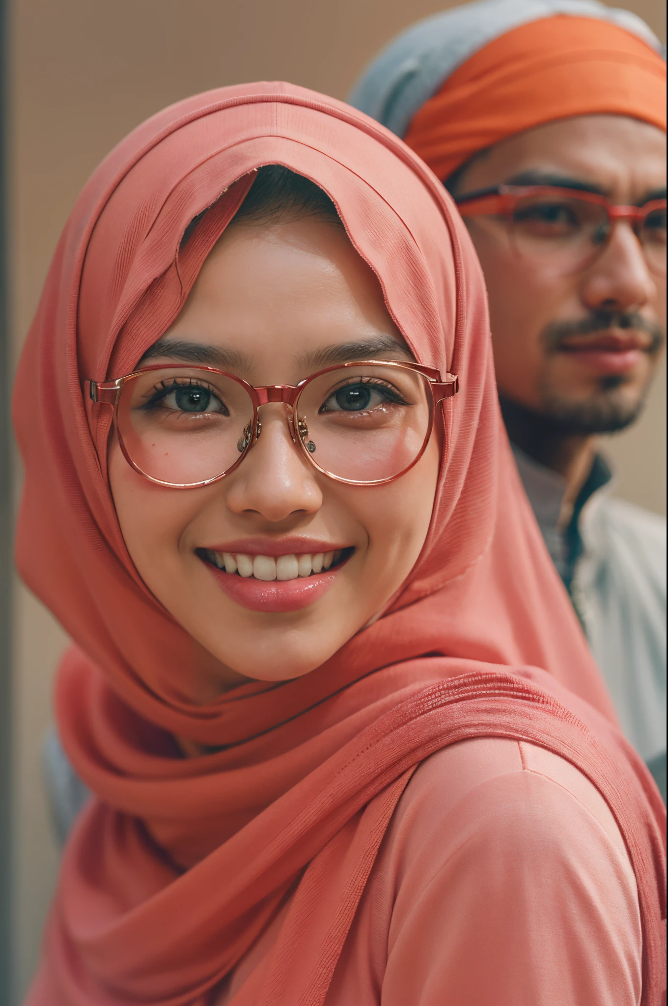 There is a woman wearing a headscarf and glasses next to a man - SeaArt AI