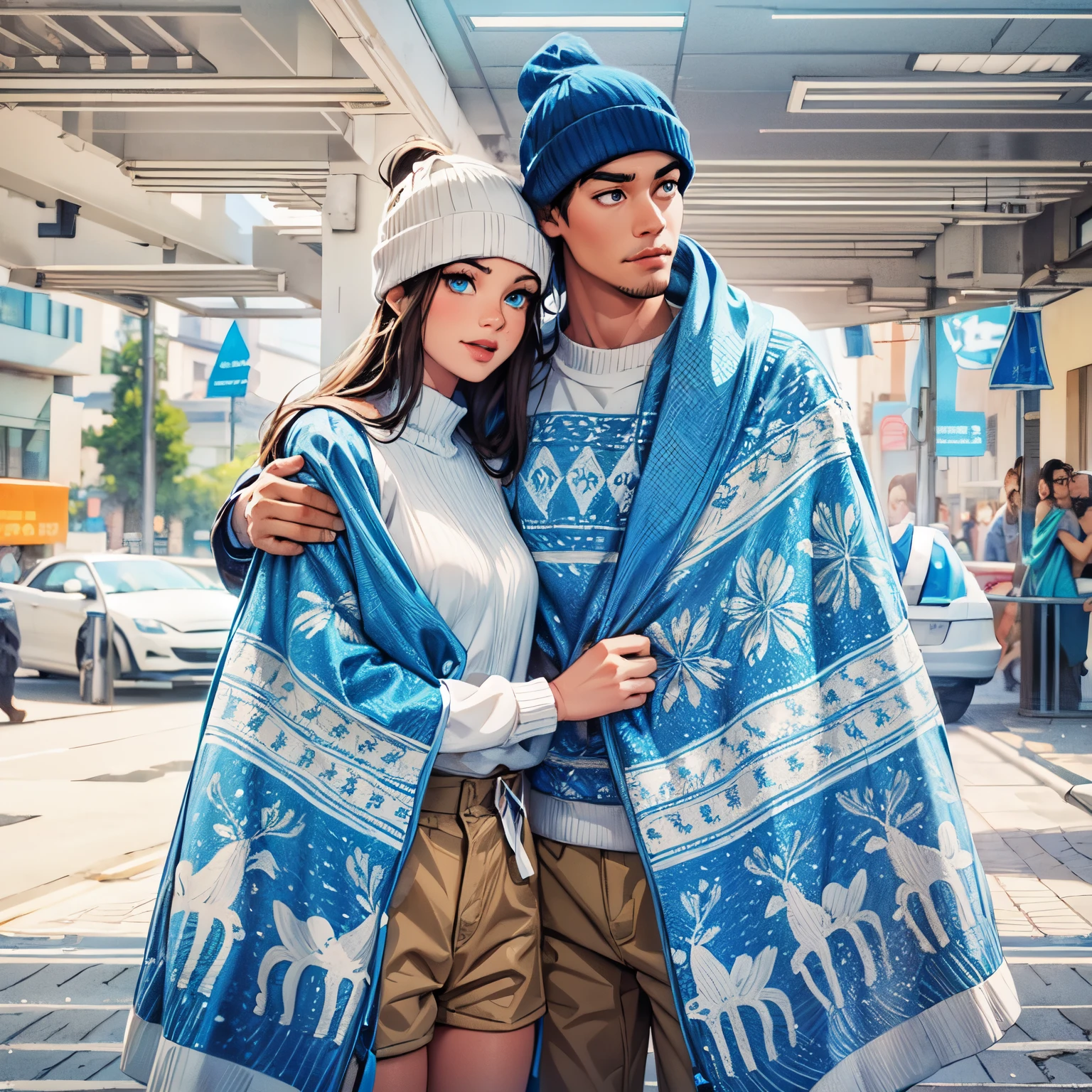 2d Cartoon, couple, blue and white clothes, best face, flat art:1.4, illustrations, best image, best eyes, best anatomy, high quality