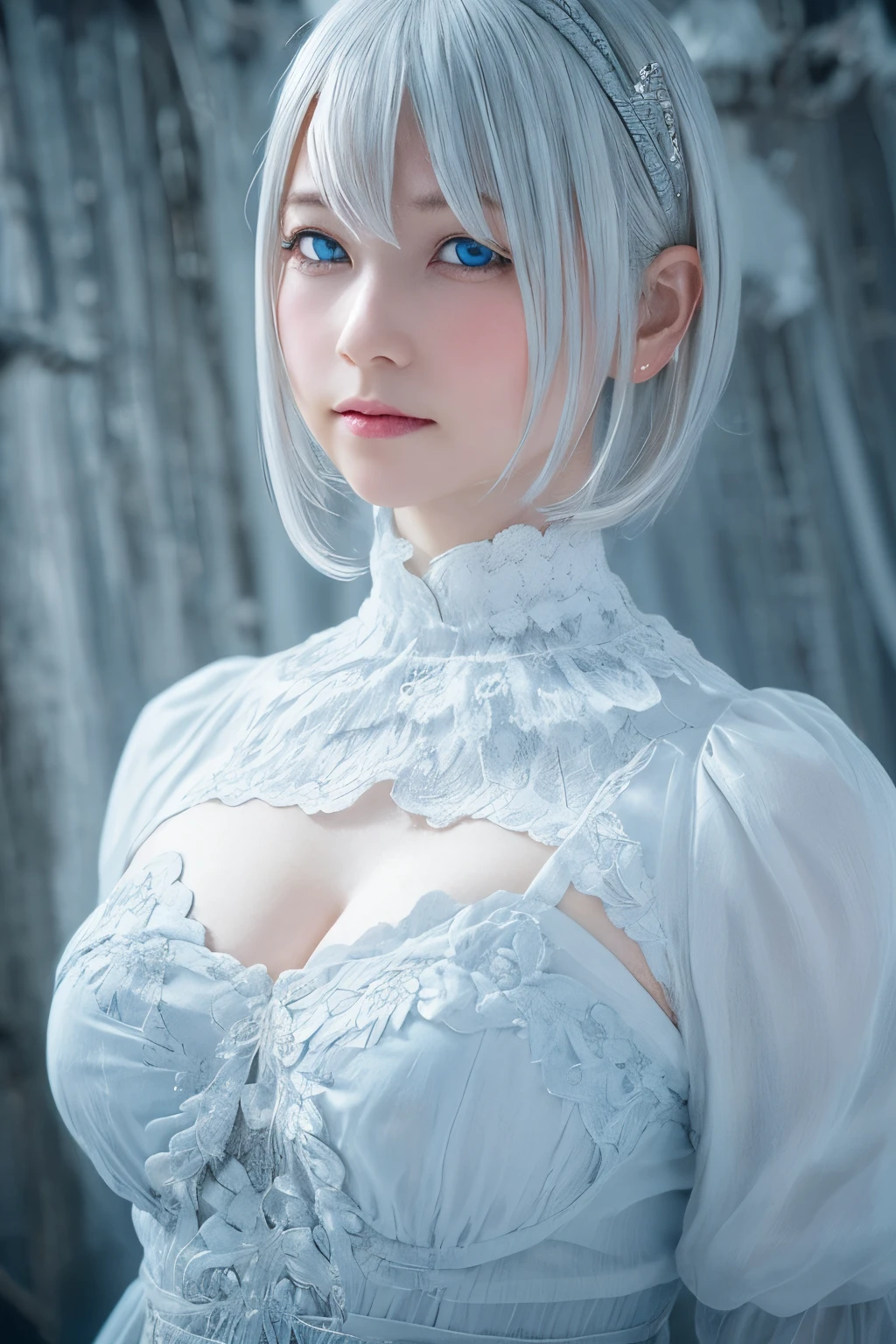 ((High quality)),masutepiece,(Detailed depiction of local details:1.2),1girl in,Blue eyes,plump breasts,Enchanted Valley,Closed mouth,Eyelashes,Looking at Viewer,Portrait,Solo,Upper body,White hair,White theme,Short hair,Silver hair,Yorha No. 2 Type B,