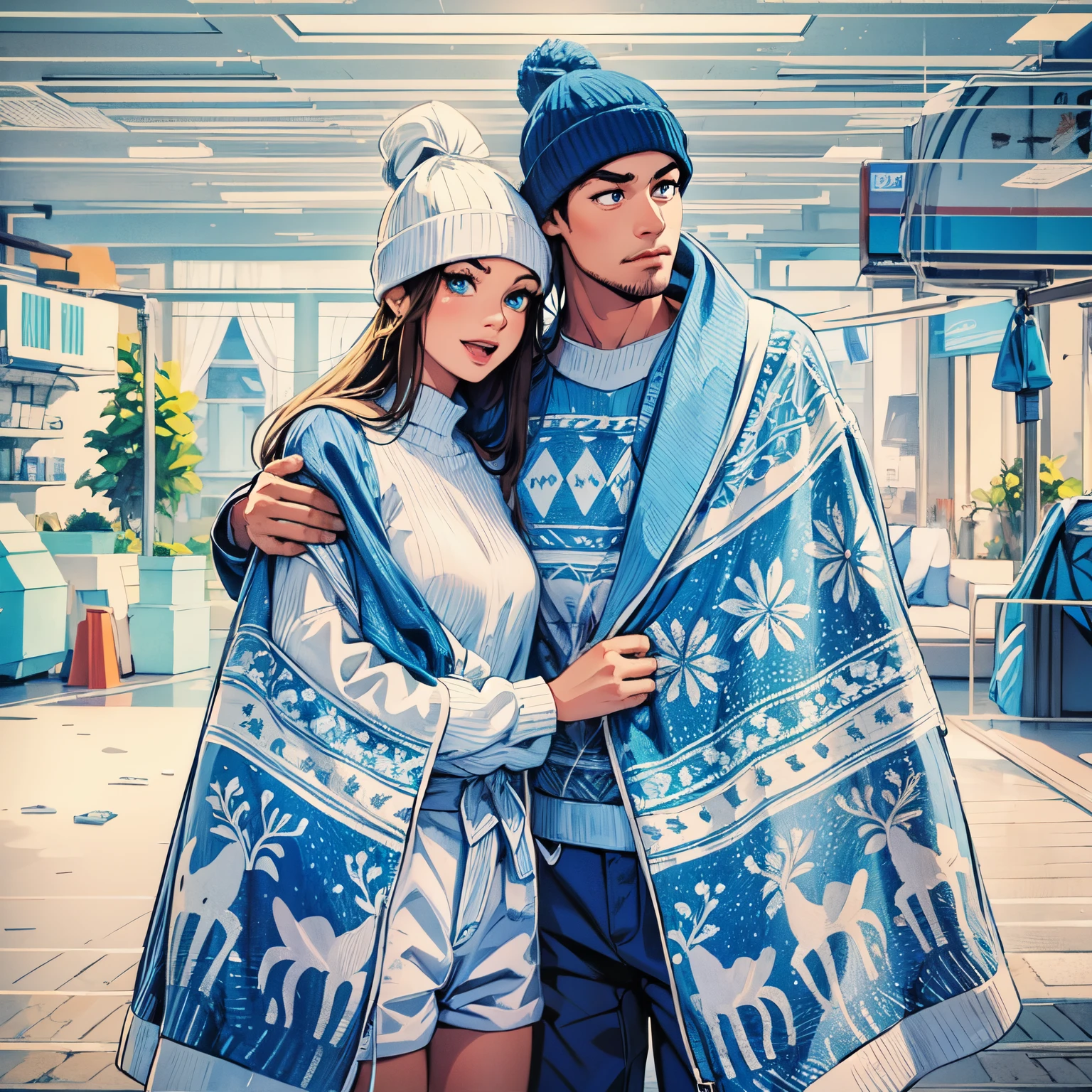 2d Cartoon, couple, blue and white clothes, best face, flat art:1.4, illustrations, best image, best eyes, best anatomy, high quality