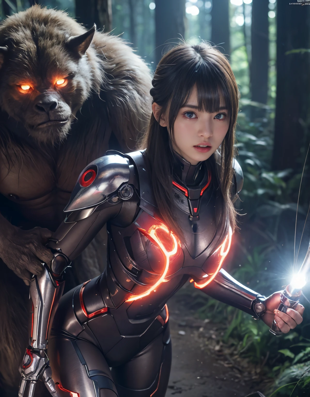 (1 Mechanical Girl)、top-quality、​masterpiece、超A high resolution、(Photorealsitic:1.4)、Raw photo、女の子1人、Fight mutants、glowy skin、(((1 Mechanical Girl)))、With a beautiful knife、（Red Metal Bodysuit）、(Fight goblings、ogre、Fierce battle with orcs),（Fight fiercely against aliens）、Fight fiercely、(beautiful forest background)、(Fighting Demonic Beasts)、(Small LED)、((super realistic details))、portlate、(Strong giant demon beast background),globalillumination、Shadow、octan render、8K、ultrasharp、Colossal 、Raw skin is exposed in cleavage、metals、Details of complex ornaments、Japan details、highly intricate detail、Realistic light、(Mystical expression),CGSoation Trends、Blue eyes、radiant eyes、Facing the camera、neon detailechanical limbs)、(blood vessels connected to tubes)、(Wires and cables connecting to the head)、Small LED、,Mechanical thighs、Toostock、（Hands are also made of machines）、（Attack of the Monster Beasts）、