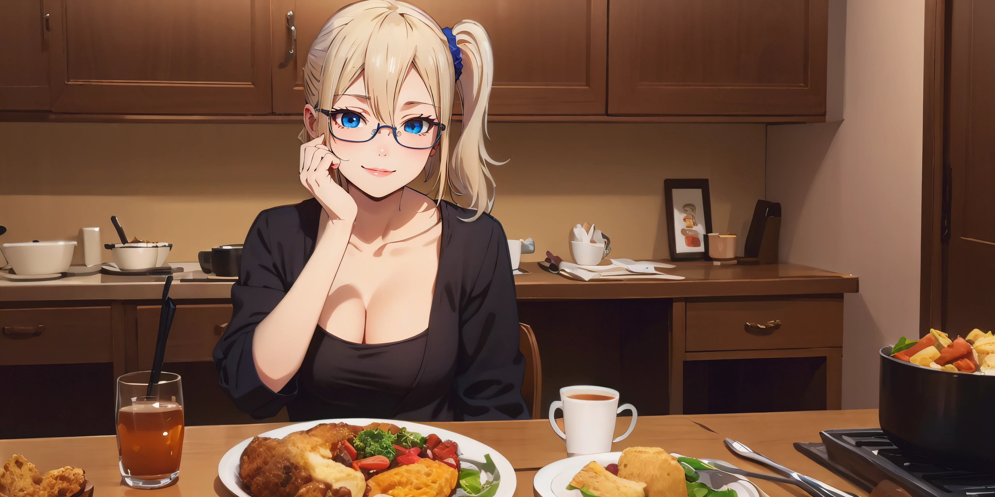 anatomically correct, best quality, masterpiece, high quality, high details, highres, HD, (shaded face:1.2), hollow eyes, dark-blue eyes, looking at viewer, seductive smile, glasses, lips, aihayasakav4, blonde hair, side ponytail, scrunchie, solo, 1girl, long_hair, breasts, indoors, blush, smile, solo, bangs, white_shirt, cup, plate, looking_at_viewer, glasses, table, cleavage, knife, sidelocks, collarbone, shirt, sitting, eyebrows_visible_through_hair, bowl
