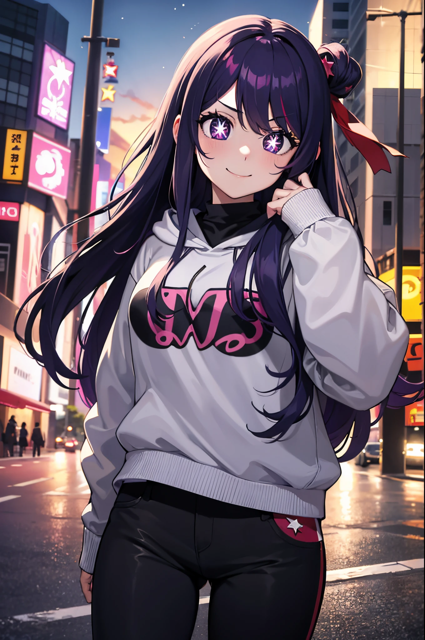 Anime girl in a white sweatshirt and black pants standing on a city street  - SeaArt AI