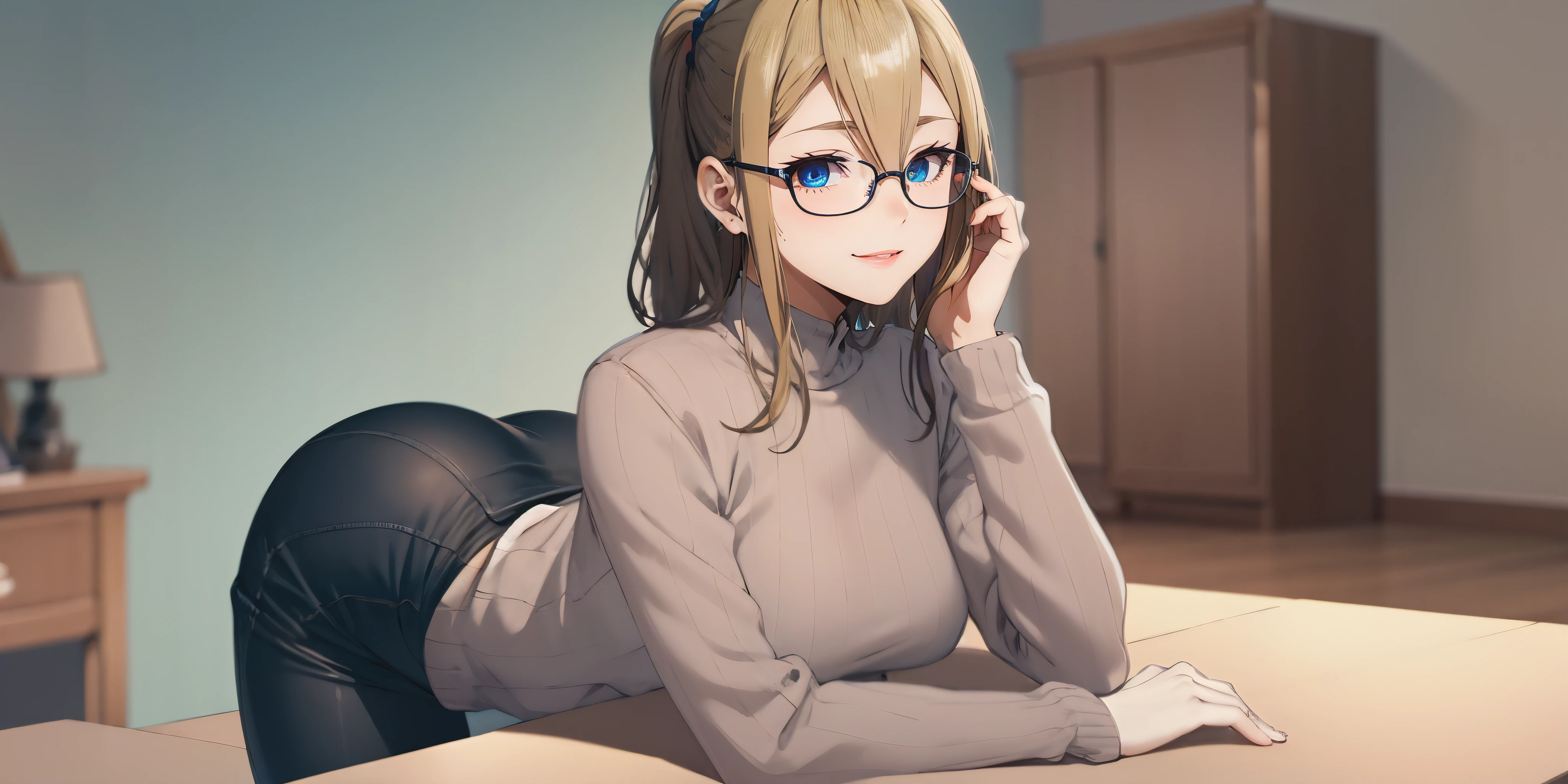 anatomically correct, best quality, masterpiece, high quality, high details, highres, HD, (shaded face:1.2), hollow eyes, dark-blue eyes, looking at viewer, seductive smile, glasses, lips, aihayasakav4, blonde hair, side ponytail, scrunchie, solo, blurry, 1girl, depth_of_field, earrings, blurry_background, breasts, jewelry, bookshelf, red_eyes, indoors, table, sweater, solo, large_breasts, looking_at_viewer, blurry_foreground, long_sleeves, closed_mouth, bangs, blush, pantyhose, hand_on_own_cheek, sidelocks, breast_rest, ribbed_sweater