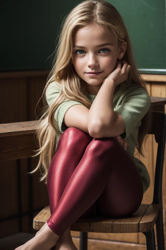 1girl, solo, , loose blond hair, wearing red leggings and green sweather, sitting on a chair in classroom, crossing legs, smiling embarassed, side view, bare forehead, hooked nose, puffy cheeks, small breast, alluring, flirty, confident, scornful look, malicious smirk, detailed face, detailed yellow eyes, detailed irises, thick fleshy lips, medieval, high res, best quality, ultrasharp, 8K, cinematic, green wall behind