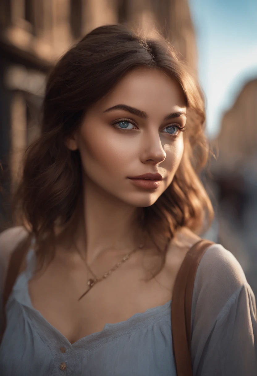 arafed woman fully , sexy girl with blue eyes, ultra realistic, meticulously detailed, portrait sophie mudd, brown hair and large eyes, selfie of a young woman, Street eyes, violet myers, without makeup, natural makeup, looking directly at the camera, face with artgram, subtle makeup, walking down the street shot,in the street, medium to large size bust mixed race ,revealing sexy outfit  anime shirt, showing butt