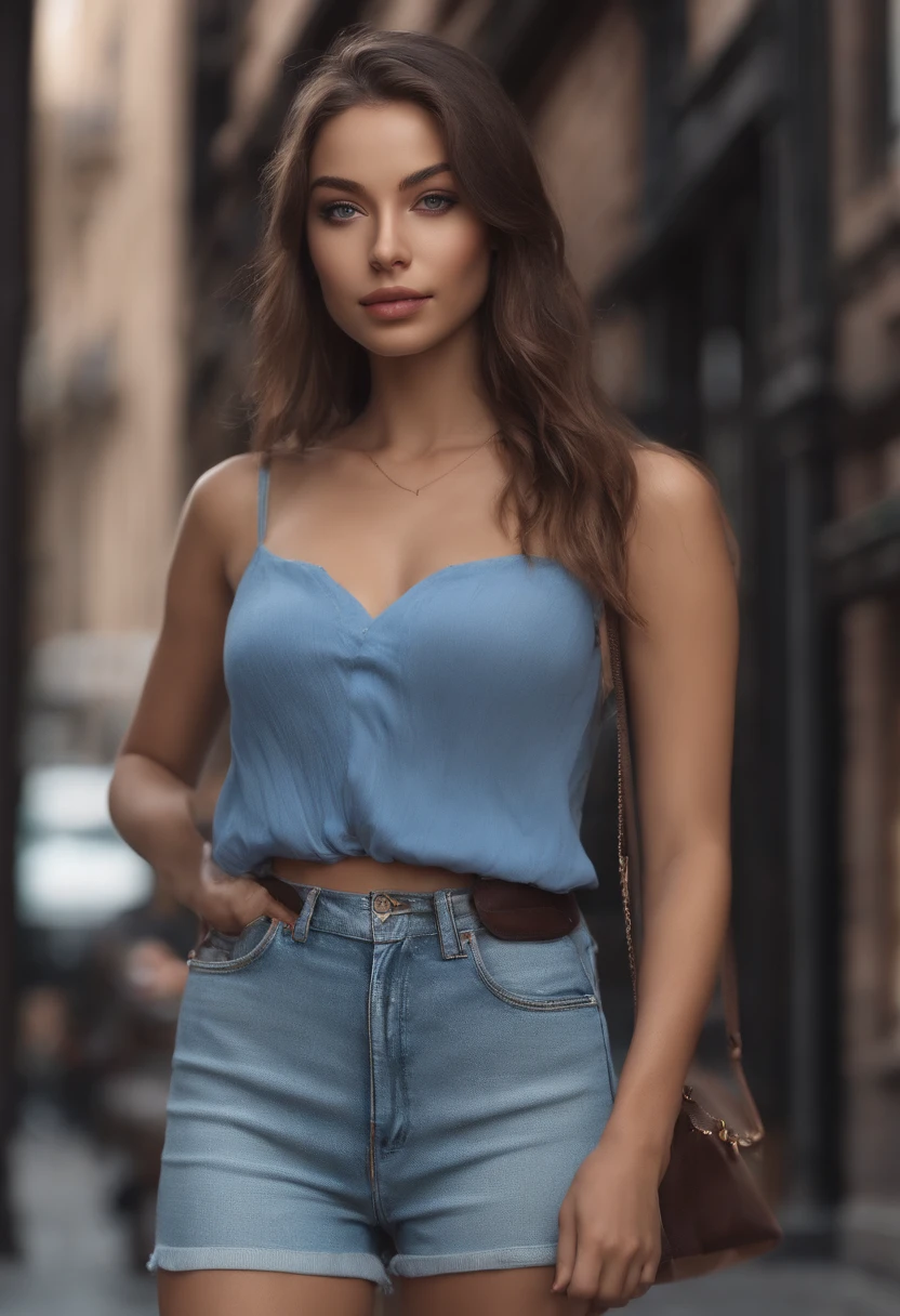 A close up of a woman in a blue top and shorts - SeaArt AI