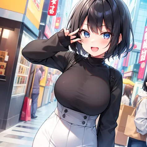 A slender black-haired short-haired girl in a shopping district, giving a thumbs up and winking, showing her teeth.、Japan anime ...