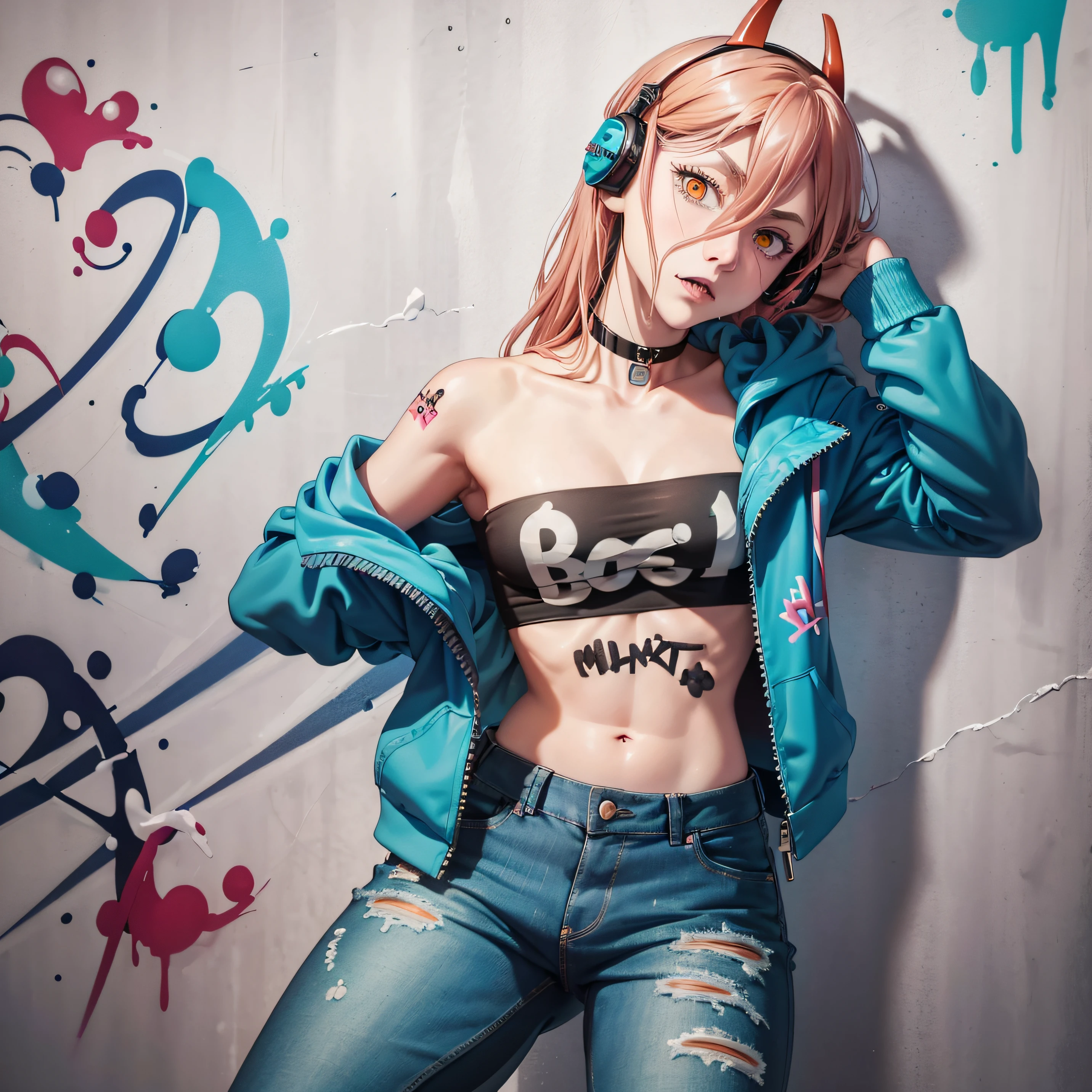 masterpiece, best quality, 1boy, solo, jacket top, denim pants, choker, (graffiti:1.5), paint splatter, arms behind back, against wall, looking at viewer, armband, thigh strap, paint on body, head tilt, bored, multicolored hair, aqua eyes, headset, Power