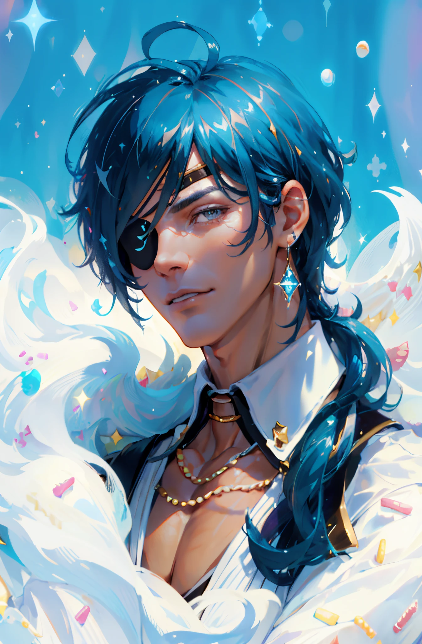 extremely delicate and beautiful, Amazing, finely detail, masterpiece, ultra-detailed, highres,best illustration, best shadow,intricate,sharp focus, high quality, 1 male solo, mature, handsome, tall muscular guy, broad shoulders, blue hair flowing with the wind, blue right eye, black eyepatch, ((whipped cream with sprinkles, dessert, icecream, cake, sparkles))