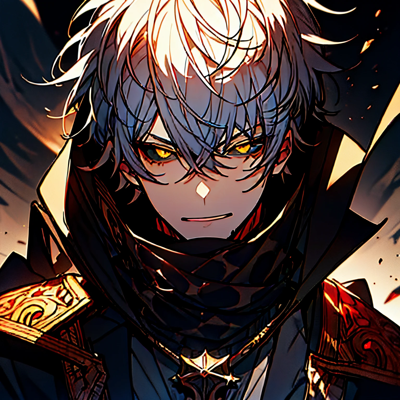 (master piece), best quality, ultra-detailed, illustration, warm lighting, soft lighting, bright colors, 1 adult guy, anime character with white hair with red tips, shadowverse style, black overcoat, serious, yellow eyes, black sclera.