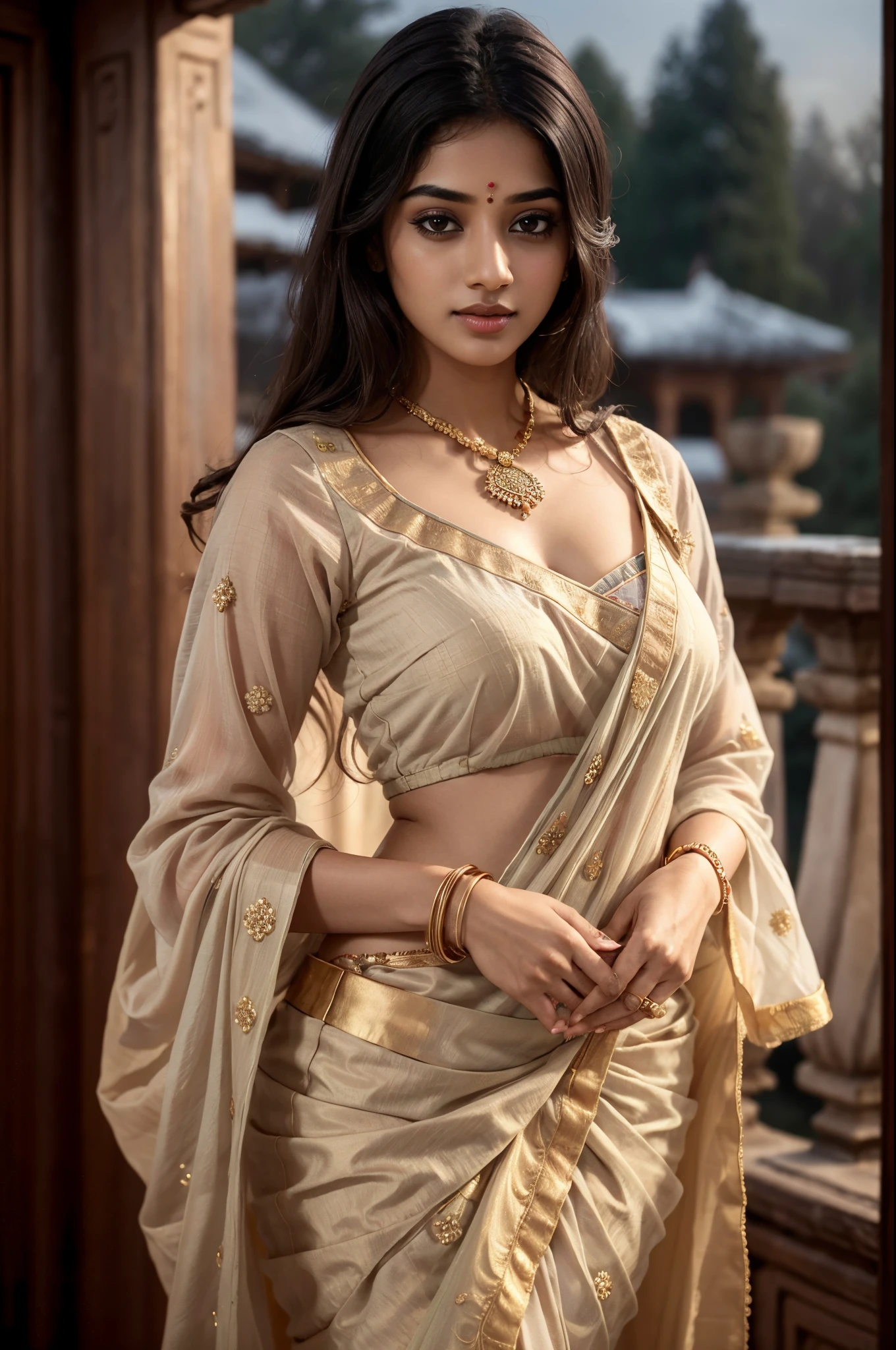 젊은 인도 여성, 섹시한 블라우스와 사리, 고대 궁전, 밤, 상세한 본문, 상세한 얼굴, 극도로 현실적이다, 매력적인, 귀여운, 긴 곱슬머리, 완벽한 손가락, 주변 조명, 겨울, 자세한 배경, 8K