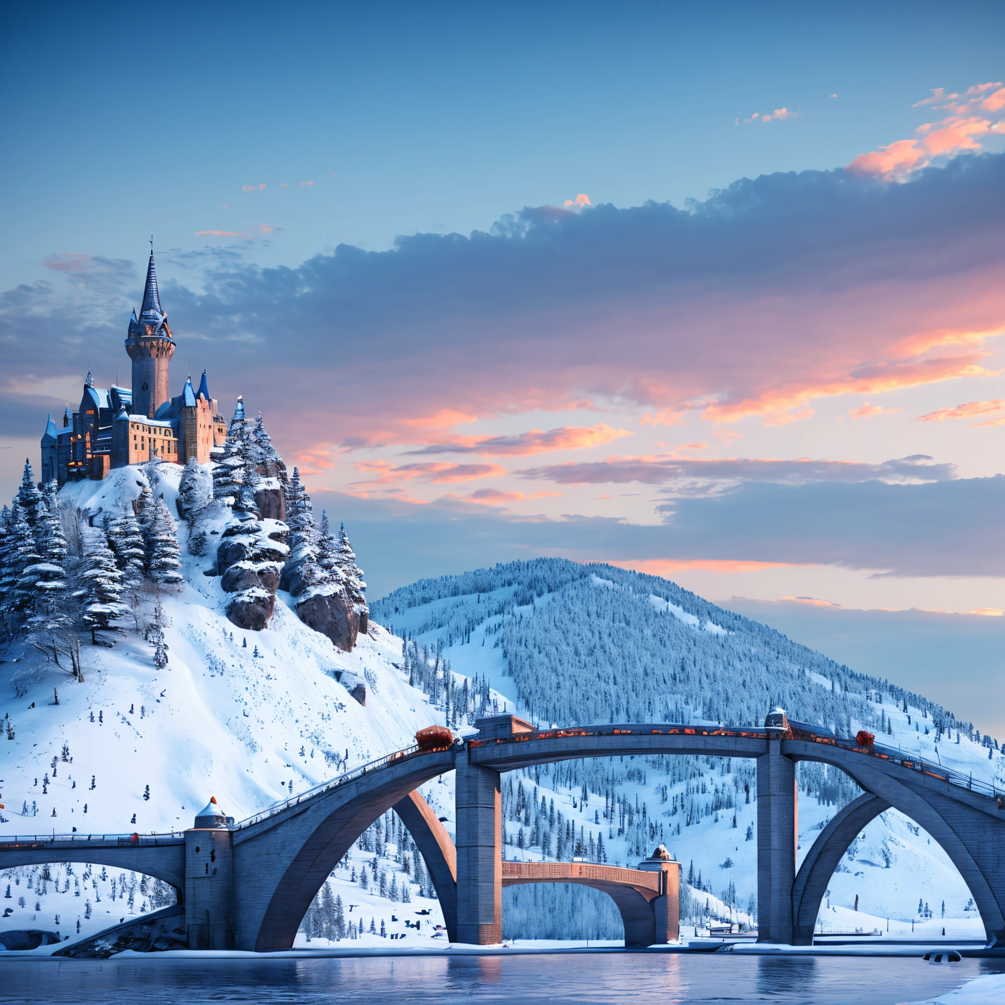 empty sky, (clear sky), cloudless, big landscape, empty foreground, massive landscape, gigantic fantasy landscape, castles, bridge, mountains, forest, highly detailed, details, ocean, photorealistic, 8k, masterpiece