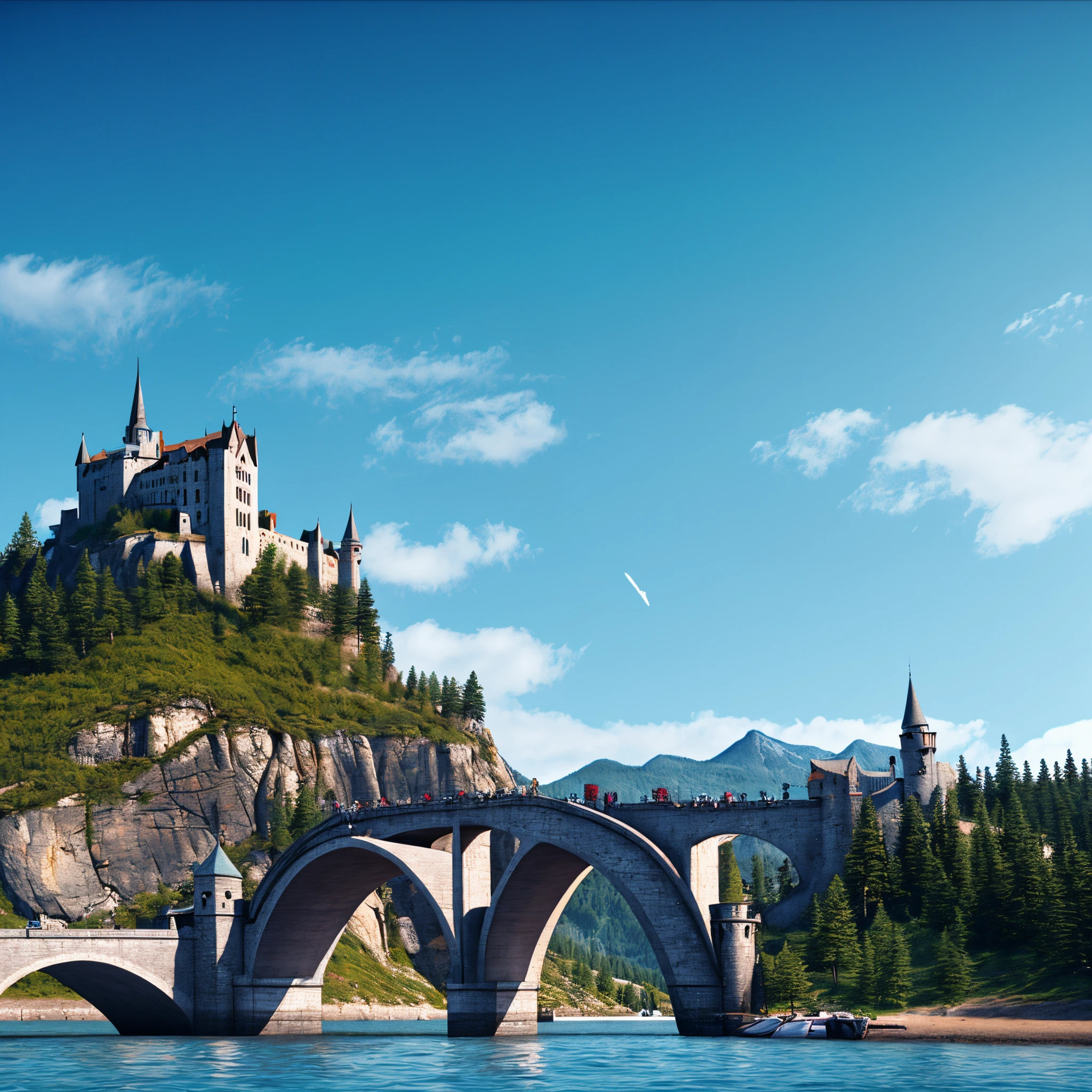 empty sky, (clear sky), cloudless, big landscape, empty foreground, massive landscape, gigantic fantasy landscape, castles, bridge, mountains, forest, highly detailed, details, ocean, photorealistic, 8k, masterpiece