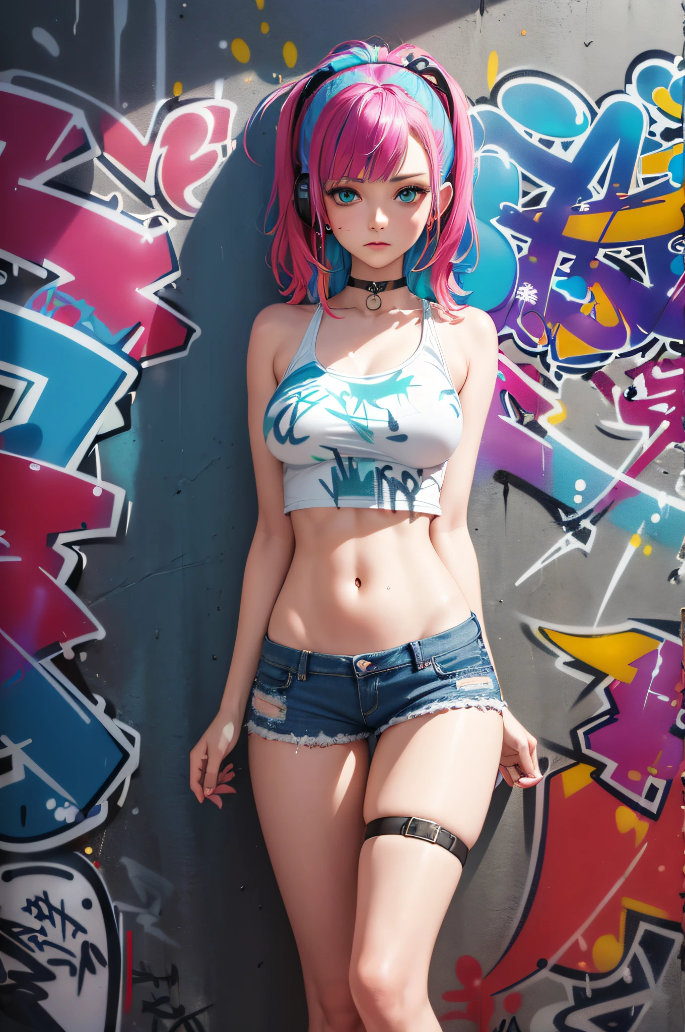 masterpiece, best quality, (extremely detailed CG unity 8k wallpaper, masterpiece, best quality, ultra-detailed, masterpiece, best quality, 1girl, solo, crop top, denim shorts, choker, (graffiti:1.5), paint splatter, arms behind back, against wall, looking at viewer, armband, thigh strap, paint on body, head tilt, bored, multicolored hair, aqua eyes, headset,