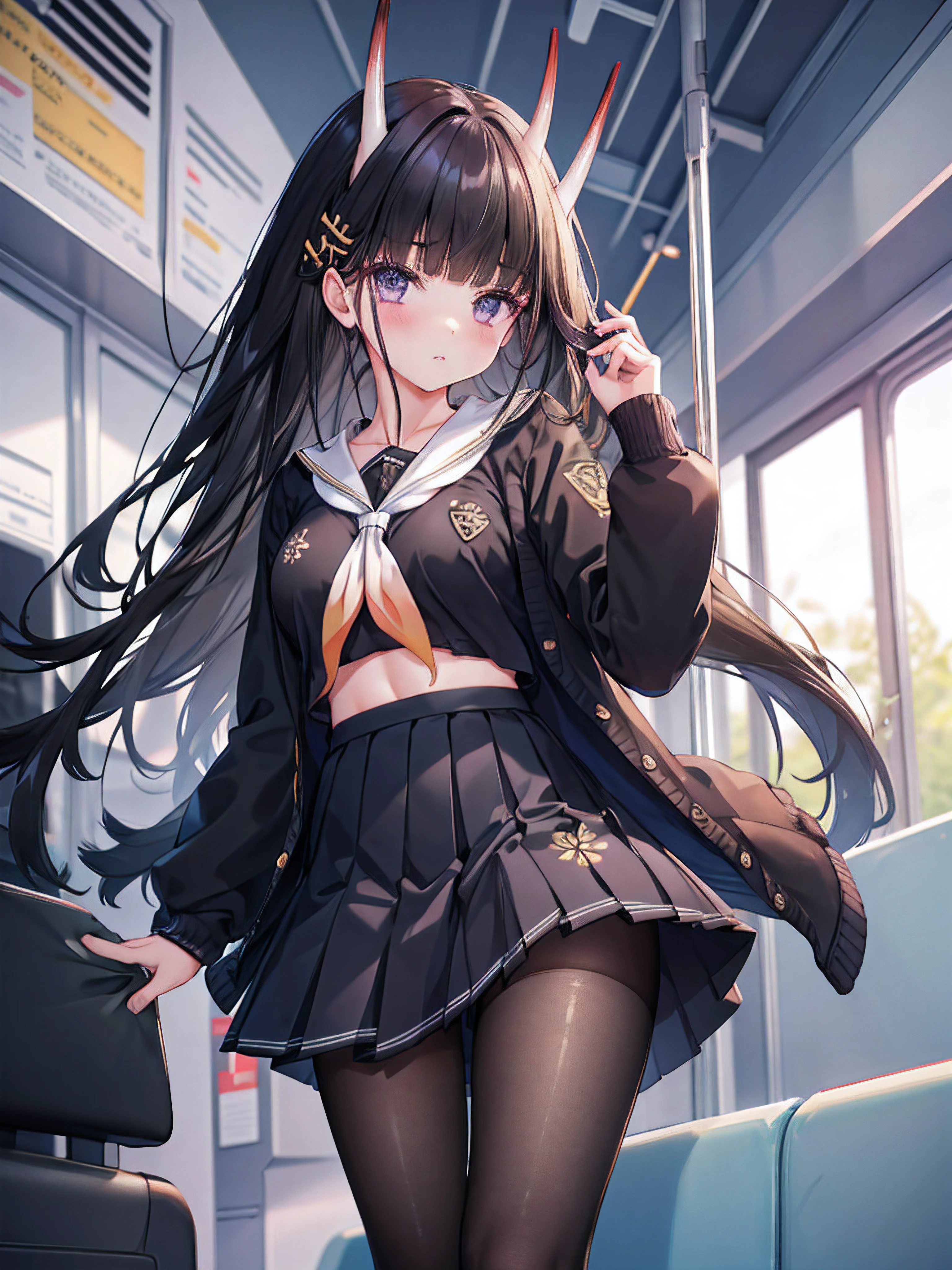 masterpiece, best quality, 1girl, solo, long hair, looking at viewer, skirt, black hair, school uniform, purple eyes, pantyhose, pleated skirt, horns, serafuku, cardigan, oni horns, open cardigan, black panty, floral lace undies, cameltoe, show panties, standing sexily, open legs, spread legs, miniskirt, lifting skirt, (lift skirt), holding skirt, inside the train