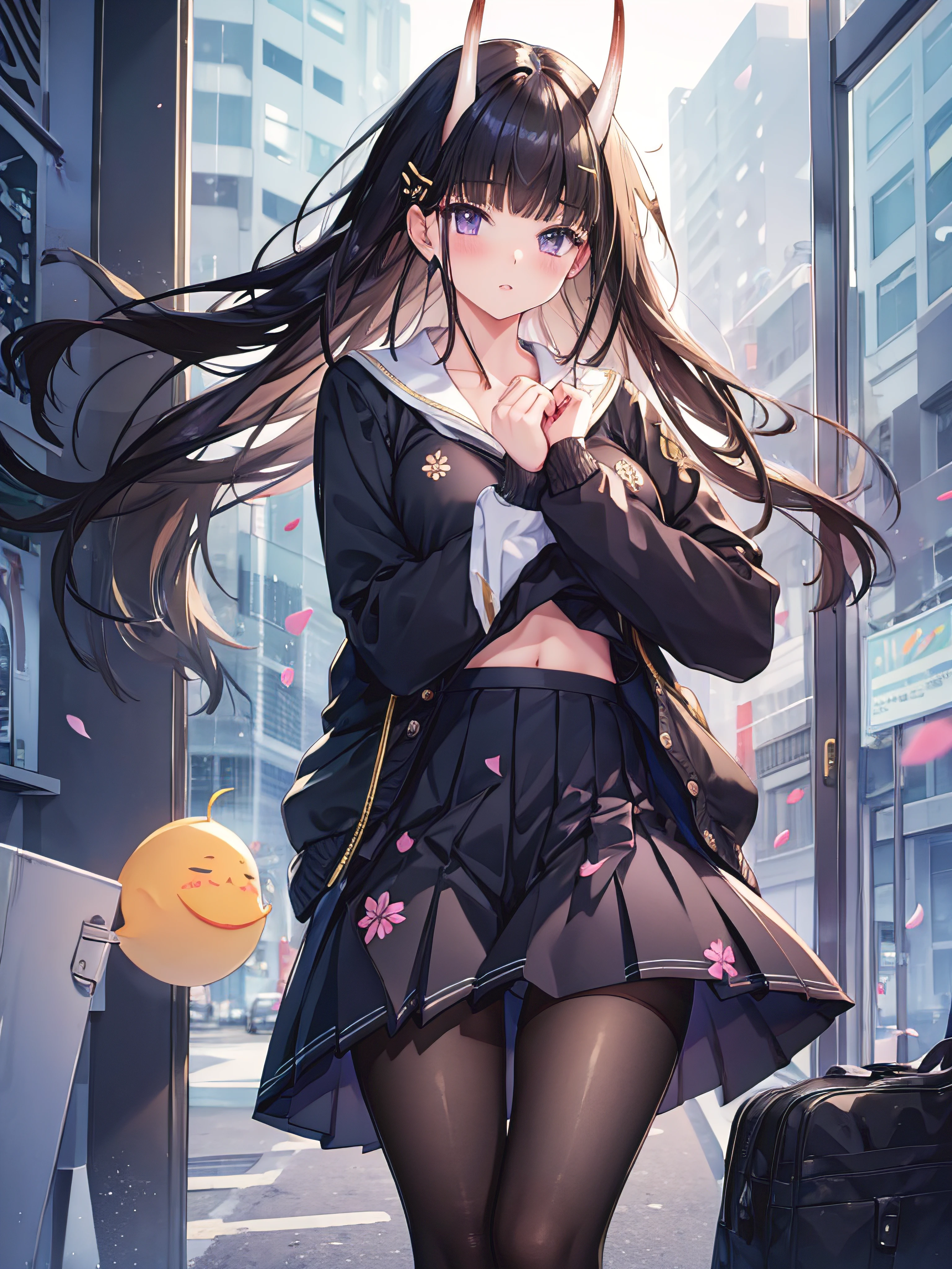 masterpiece, best quality, 1girl, solo, long hair, looking at viewer, skirt, black hair, school uniform, purple eyes, pantyhose, pleated skirt, horns, serafuku, cardigan, oni horns, open cardigan, black panty, floral lace undies, cameltoe, show panties, standing sexily, open legs, spread legs, miniskirt, lifting skirt with both hands, lift skirt, hold skirt with both hands