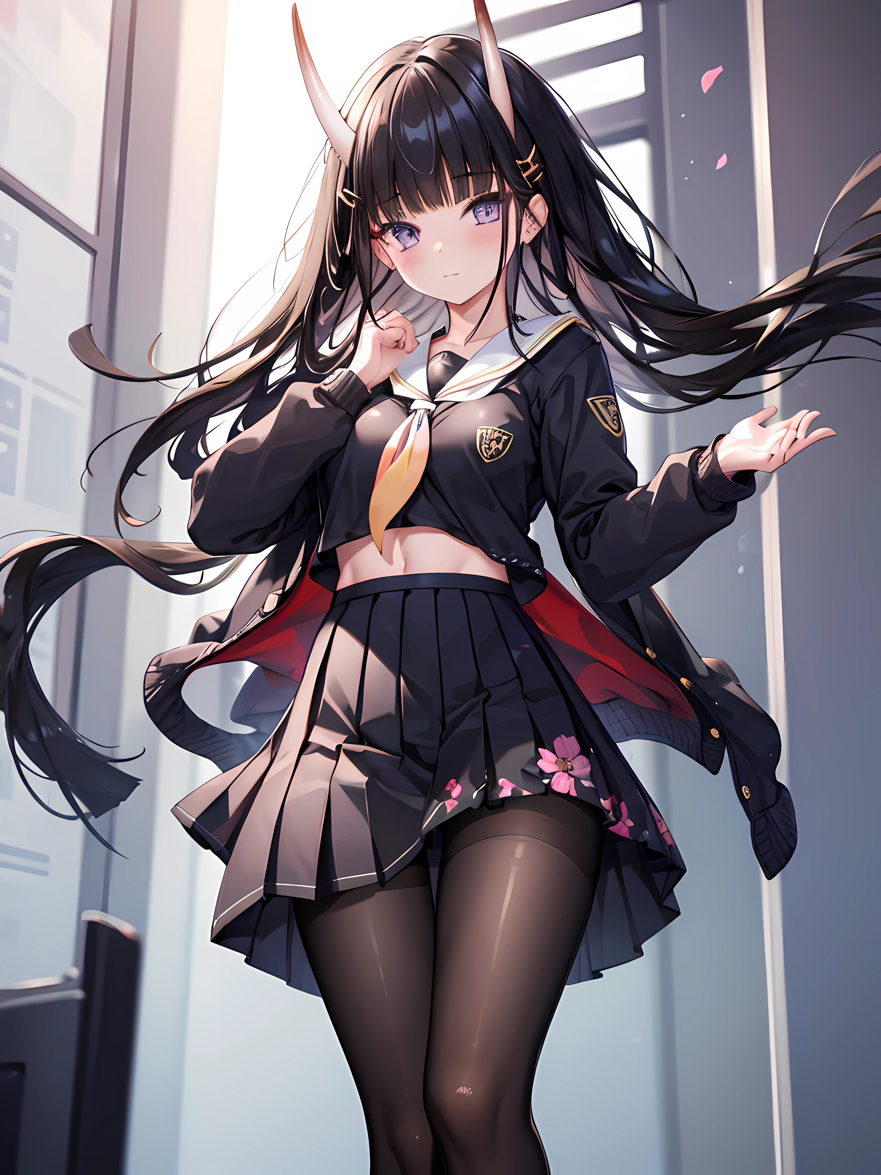 masterpiece, best quality, 1girl, solo, long hair, looking at viewer, skirt, black hair, school uniform, purple eyes, pantyhose, pleated skirt, horns, serafuku, cardigan, oni horns, open cardigan, black panty, floral lace undies, cameltoe, show panties, standing sexily, open legs, spread legs, miniskirt, lifting skirt with both hands, lift skirt, hold skirt with both hands