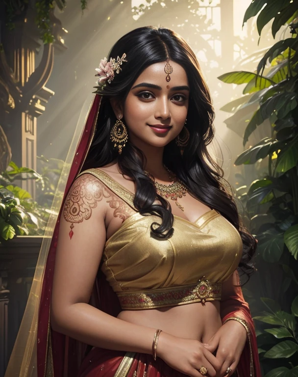 (pintura al óleo obra maestra:1.3) de un (solo:1.3) Deslumbrante supermodelo alta, gordita, sexy y con curvas Anupama Parmeshwaran como novia elegante, en un encantador jardín, vistiendo lehenga y blusa negra mágica, ombligo, Intrincados tatuajes de henna, Lujosas decoraciones florales, (ravishing long wavy retroiluminado hair), (Tarde encantadora:1.2), (intrincados ojos delineados con kohl:1.3), (Sonrisa adorable:1.3) iluminación suave y dramática, Ramos de flores por doquier, retroiluminado, rayos de luz, muy detallado, tendencia en artstation, salpicaduras de pintura, color rico, Retrato de fantasía, por Atey Ghailan & Greg Rutkowski