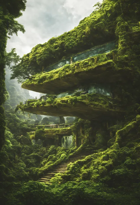 A futuristic building in a vast jungle。jungles。the woods。ivy。Ruins。realisitic。