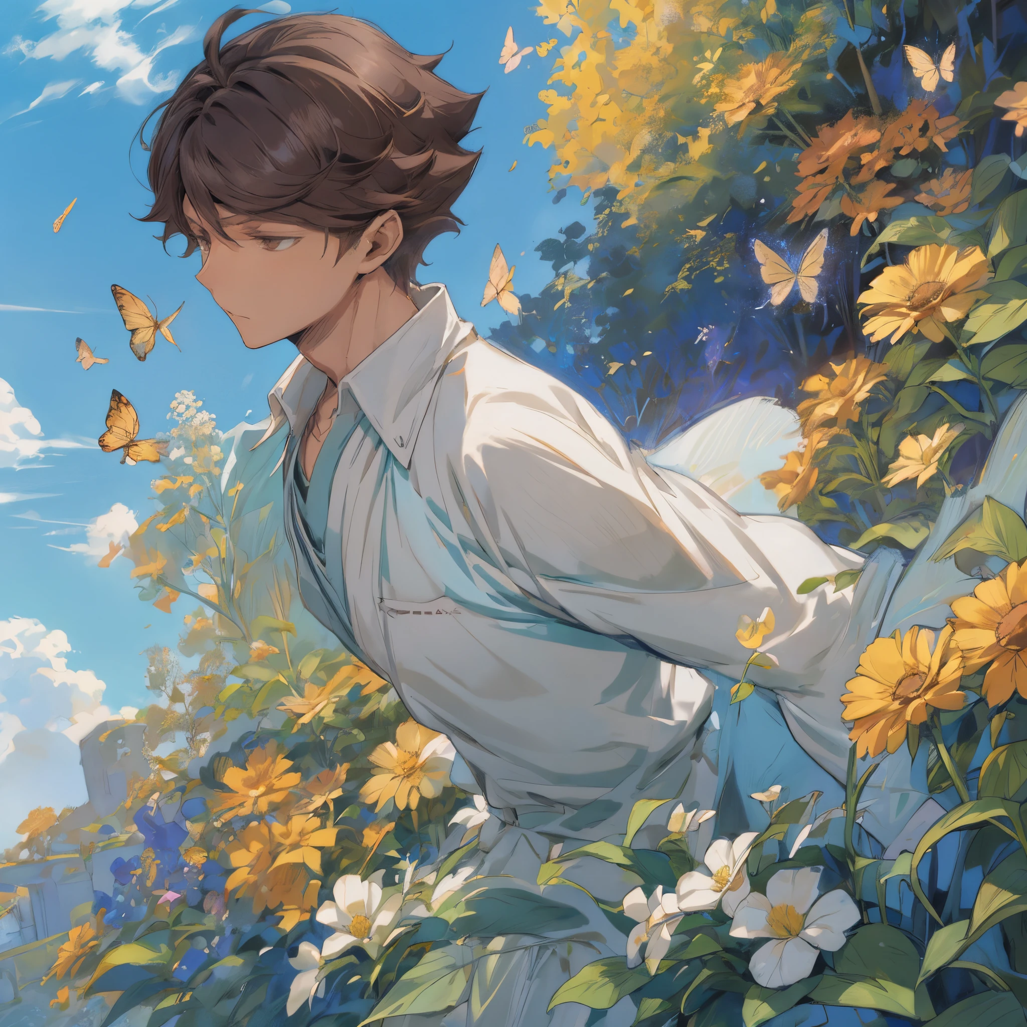 oikawa tooru,brown hair,brown eyes,short hair,1man,he is a breathtaking, his presence is like sunlight itself, flowers,butterflies,blue sky,pure and elegant,dainty,add_detail:0.5