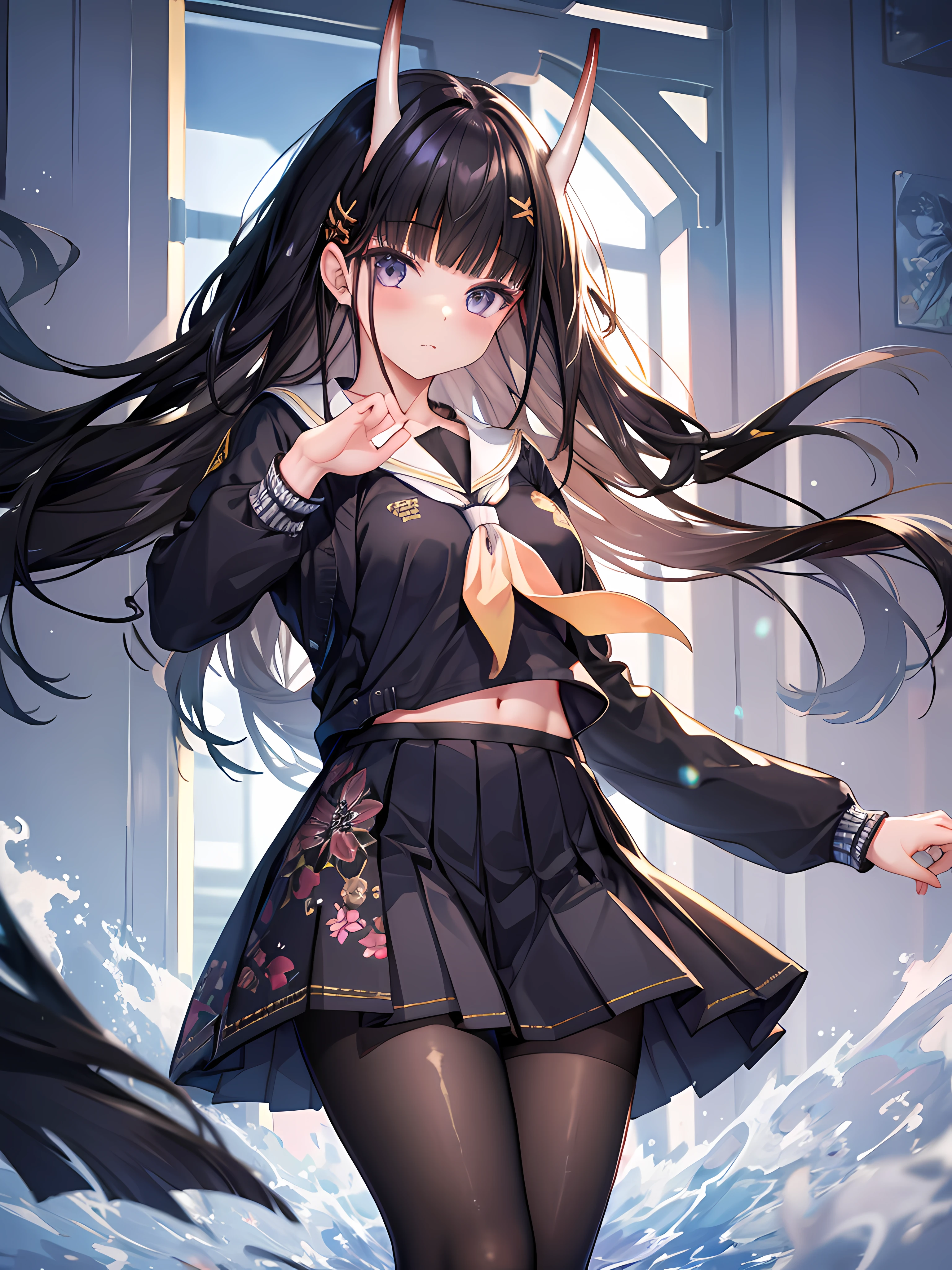 masterpiece, best quality, 1girl, solo, long hair, looking at viewer, skirt, black hair, school uniform, purple eyes, pantyhose, pleated skirt, horns, serafuku, cardigan, oni horns, open cardigan, black panty, floral lace undies, cameltoe, show panties, standing sexily, open legs, spread legs, miniskirt, lift skirt with both hands