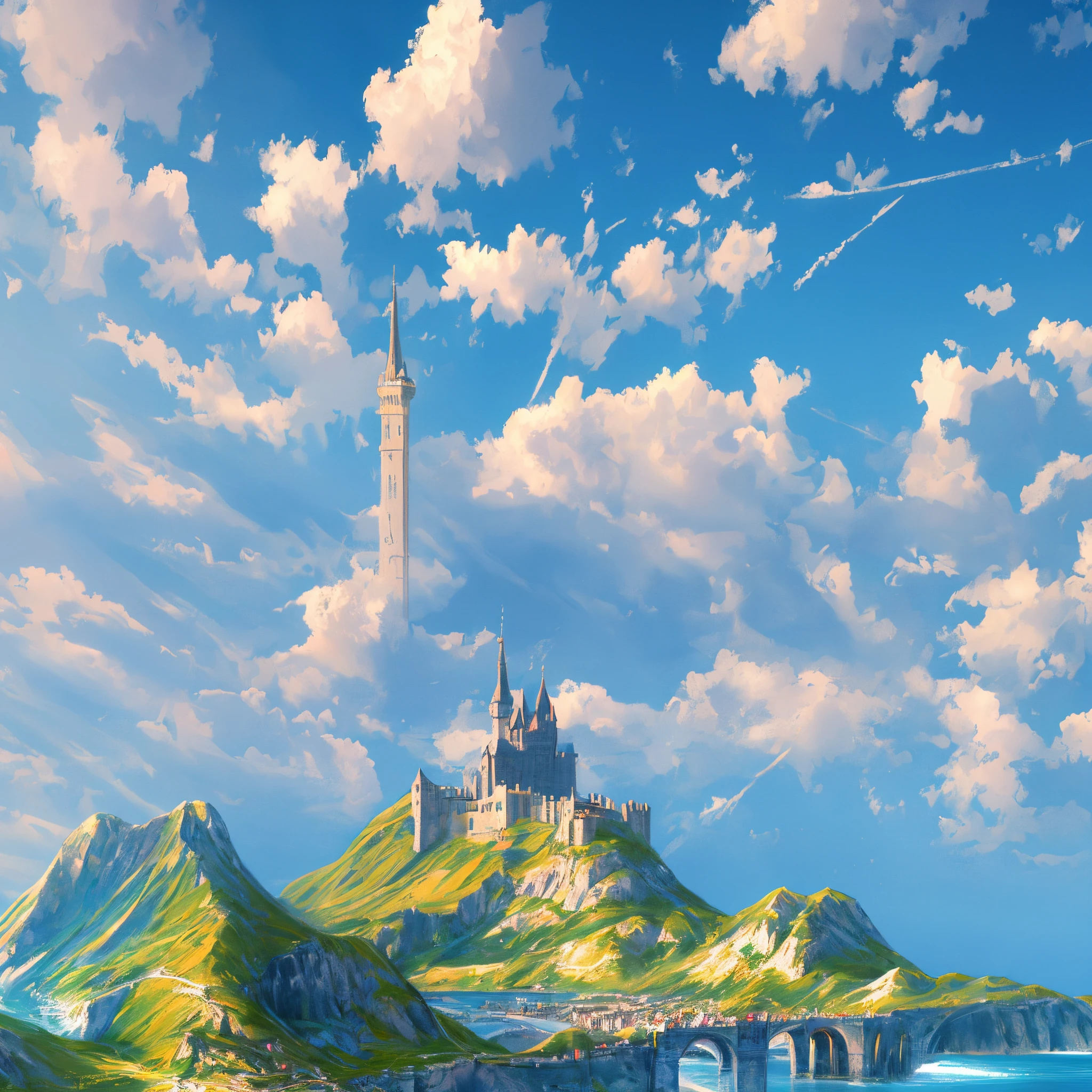 empty sky, (clear sky), cloudless, big landscape, empty foreground, massive landscape, gigantic fantasy landscape, kingdom, medieval city, castles, towers, archery range, bridge, mountains, (forest), highly detailed, details, ocean, photorealistic, 8k, masterpiece,