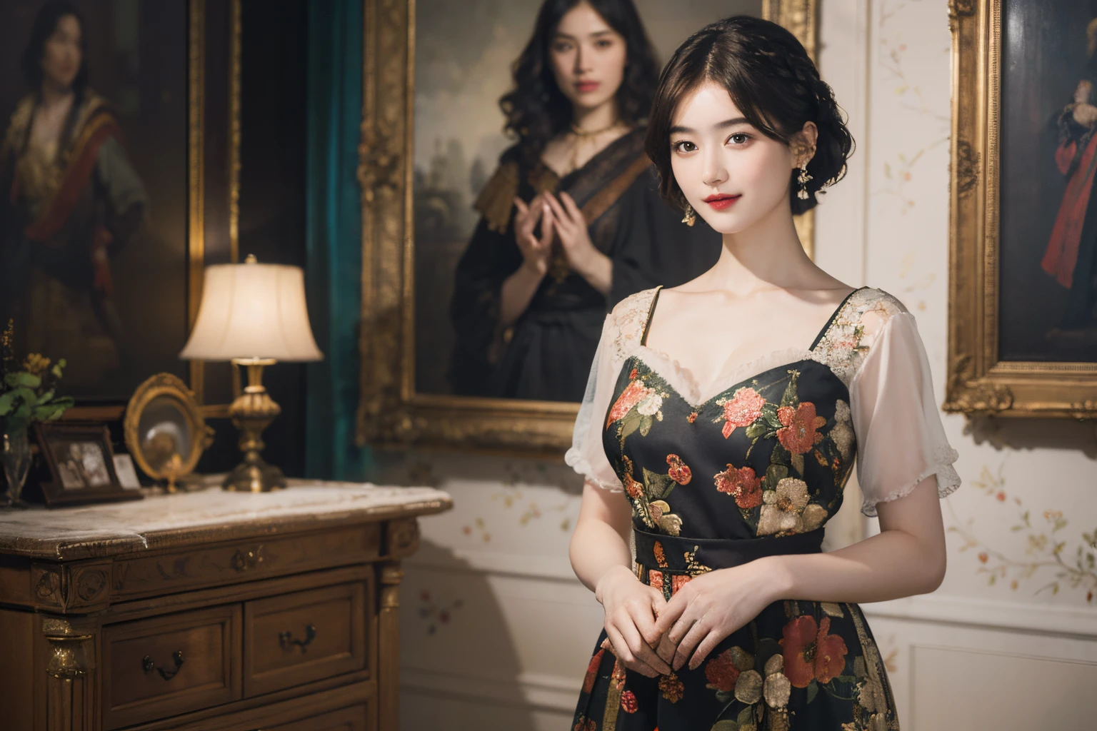 117
(a 20 yo woman,is standing), (A hyper-realistic), (high-level image quality), ((beautiful hairstyle 46)), ((short-hair)), (Gentle smile), (breasted:1.1), (lipsticks), (florals), (Light and Darkness), (rembrandt painting), (Luxurious room)