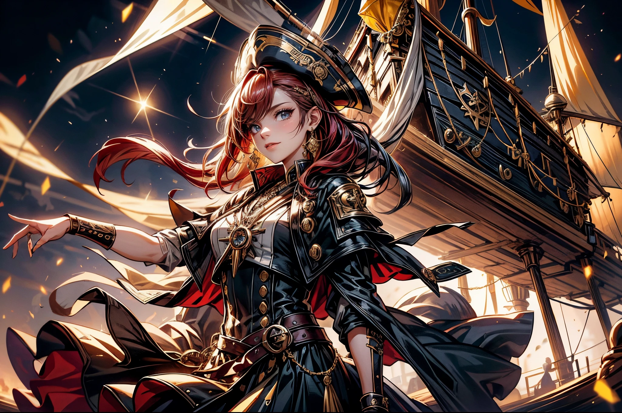 steering wheel on a boat, ship interior, pirate ship in background, on a pirate ship, old wooden ship, on the deck of a ship, victorian fire ship, pirate ship, old pirate ship, pirate setting, wooden boat, wooden sailboats,anime girl with red hair and a white blouse , epic exquisite character art,cheongsam,a black and gold dress with a gold and black cape, gilded black uniform flowing robes and leather armor,  black with yellow accents, fantasy style clothing, fantasy outfit,