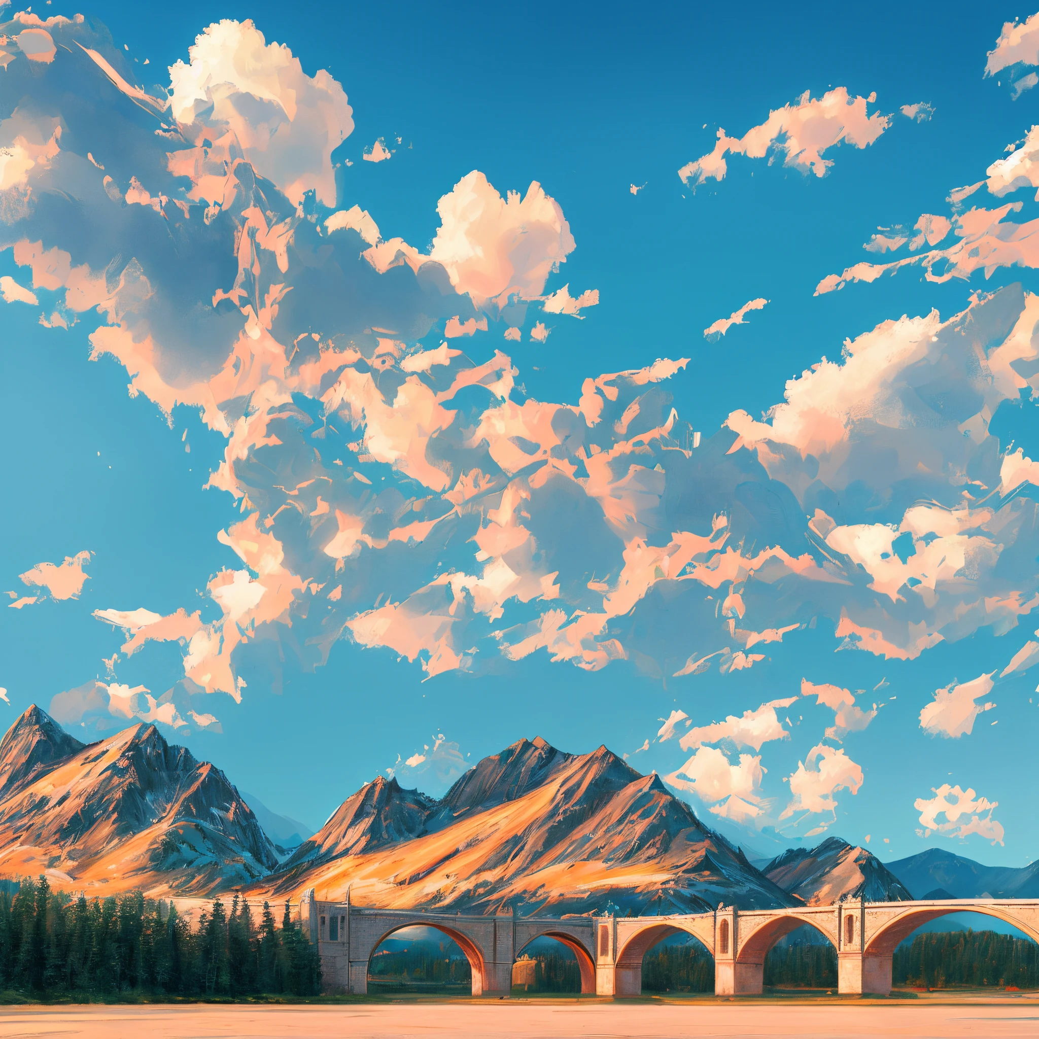 empty sky, (clear sky), cloudless, big landscape, empty foreground, massive landscape, gigantic fantasy landscape, kingdom, medieval city, castles, towers, archery range, bridge, mountains, (forest), highly detailed, details, ocean, photorealistic, 8k, masterpiece,