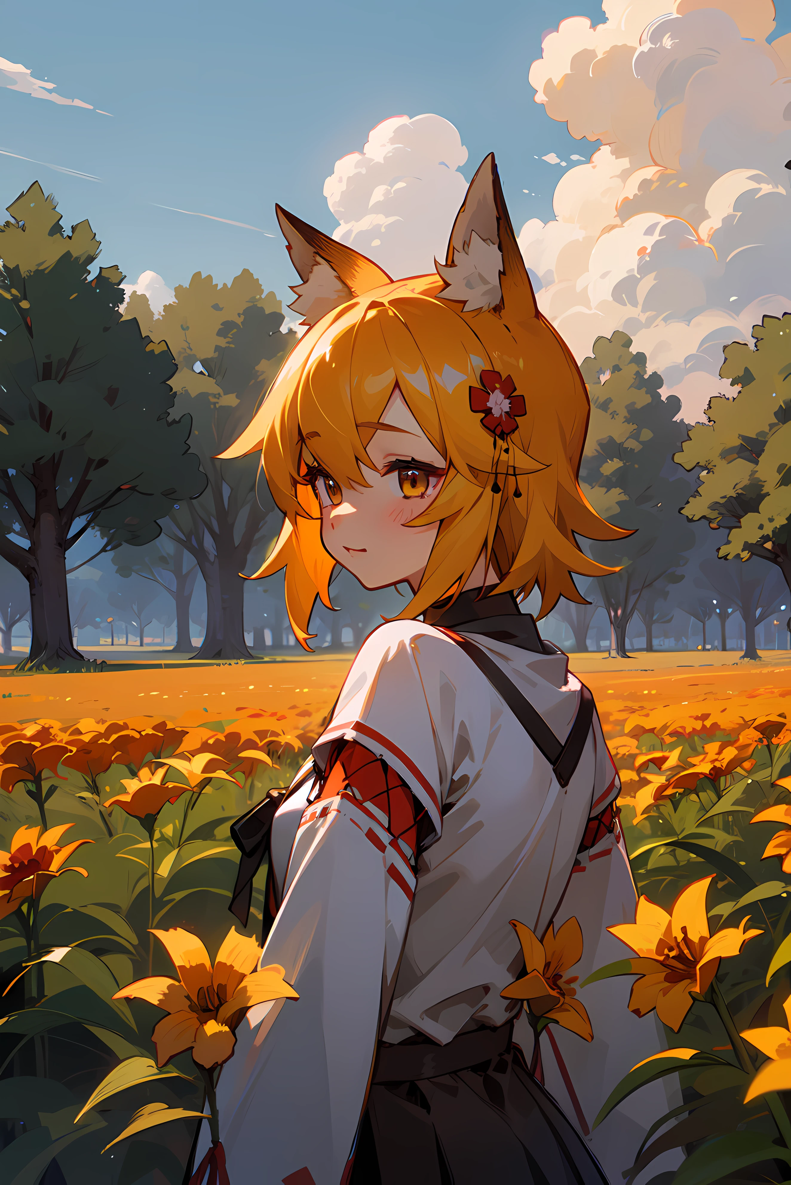 A  girl, Fox ears, field, Orange flowers. Super detailed, Detailed ears, Detail Eyes, Girls 4K, Detailed flowers, beautiful clouds, detailed blocks, Beautiful trees, trees in the background, Detailed trees.