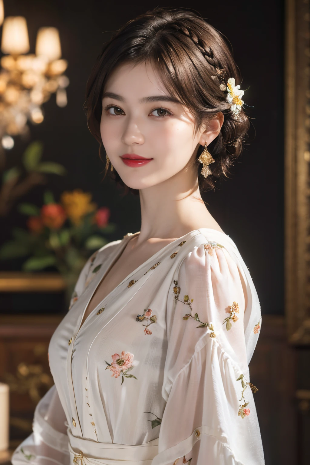 117
(a 20 yo woman,is standing), (A hyper-realistic), (high-level image quality), ((beautiful hairstyle 46)), ((short-hair)), (Gentle smile), (breasted:1.1), (lipsticks), (florals), (Light and Darkness), (rembrandt painting), (Luxurious room)