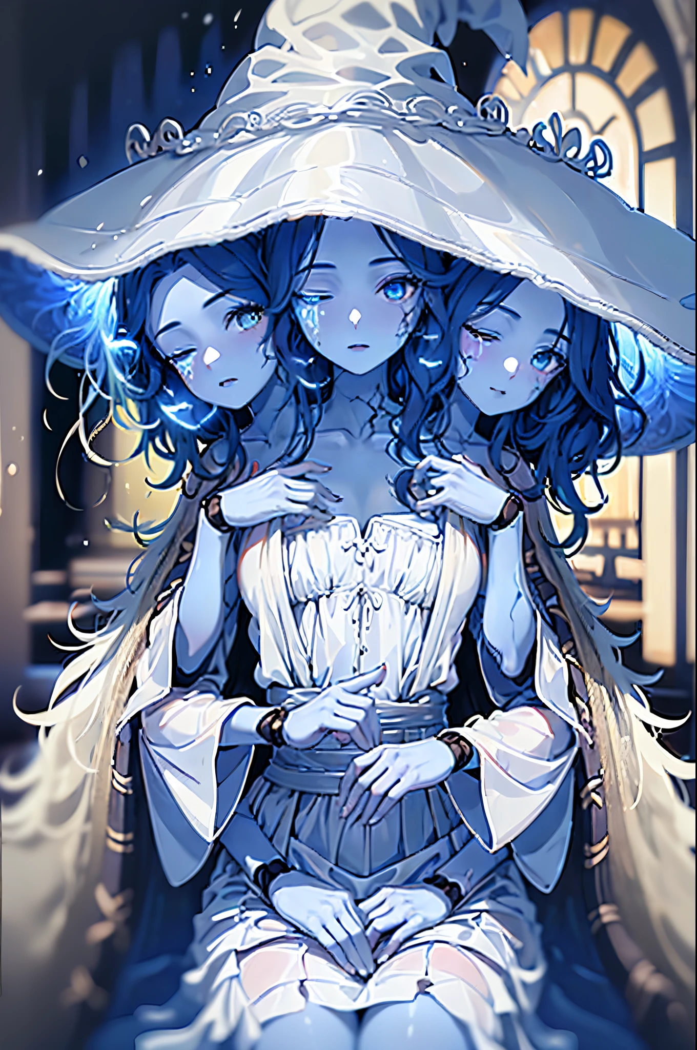 (3heads:1.5), 1girl, masterpiece, best quality, IncrsRanni, wavy hair, cracked skin, colored skin, blue skin, extra faces, extra arms, doll, joints, doll joints, white dress, hat, cloak