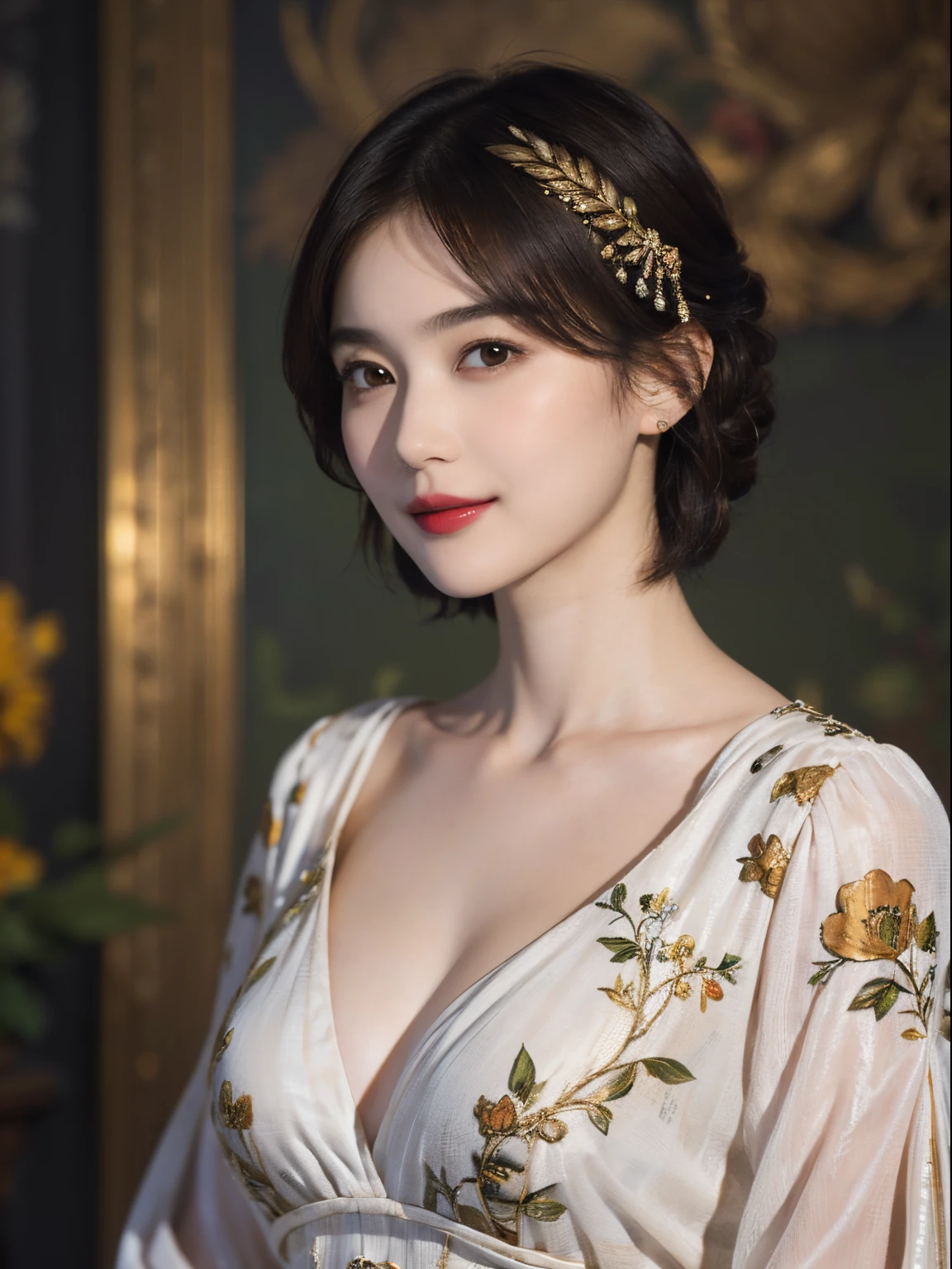 117
(a 20 yo woman,is standing), (A hyper-realistic), (high-level image quality), ((beautiful hairstyle 46)), ((short-hair)), (Gentle smile), (breasted:1.1), (lipsticks), (florals), (Light and Darkness), (rembrandt painting), (Luxurious room)