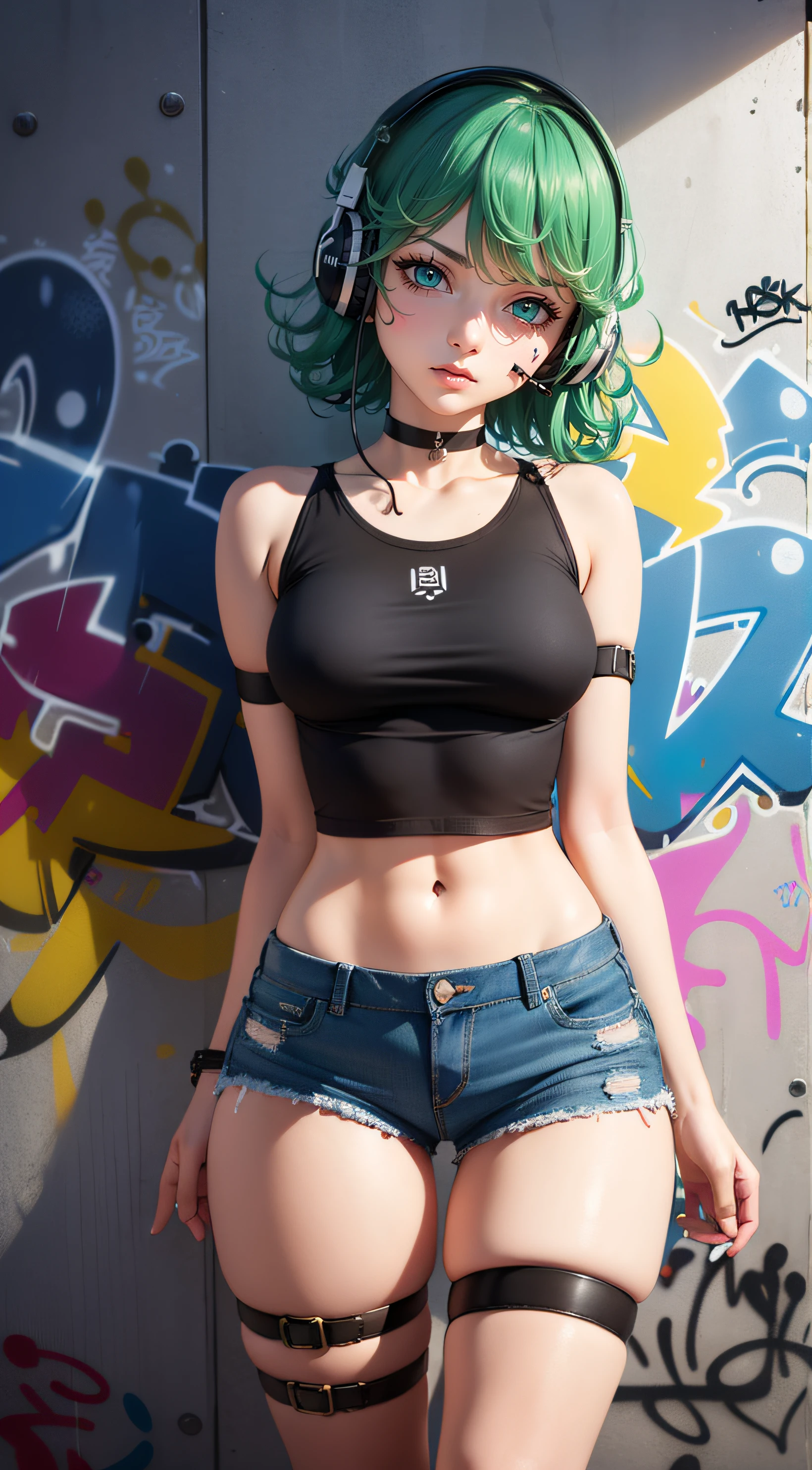masterpiece, best quality, (extremely detailed CG unity 8k wallpaper, masterpiece, best quality, ultra-detailed, masterpiece, best quality, 1girl, solo, crop top, denim shorts, choker, (graffiti:1.5), paint splatter, arms behind back, against wall, looking at viewer, armband, thigh strap, paint on body, head tilt, bored, multicolored hair, aqua eyes, headset, Tatsumaki,
