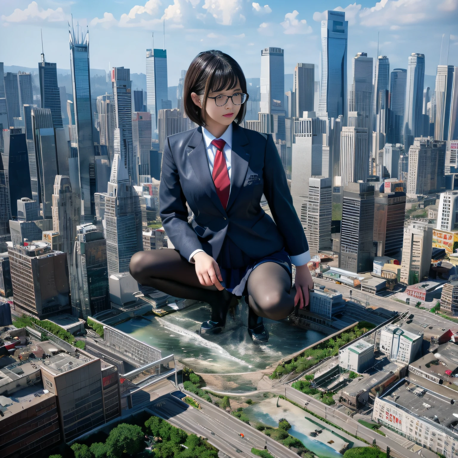 Multiple girls, giantess art, a hyperrealistic , , highly detailed giantess shot, der riese, Shorthair, Black pantyhose, Giant high school girl much bigger than a skyscraper。Wearing rimless glasses。Colossal 。Navy blue blazer、Red tie、Mini Length Skirt、Black pantyhose、I'm not wearing shoes.。very small metropoliiniature metropolis。In a miniature metropolis just a few feet tall.、squatting and urinating。Urine that comes out forcefully。torrent of urine。sea of urine。Small trains and cars are washed away with urine.。Full body depiction。nffsw, der riese, Black pantyhose, Pantyhose legs, Pantyhose feet, ,Stomping City,crash city,Small town,micro city, Peeing,