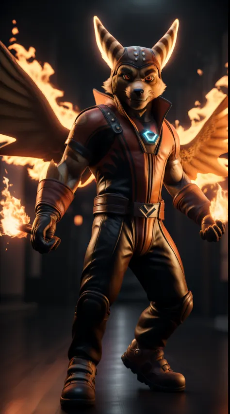 (best quality,4k,8k,highres,masterpiece:1.4),ultra-detailed,(realistic,photorealistic,photo-realistic:1.37),(the ultimate Orochi Ratchet) glowing red eyes fire background kof mugen style wearing an iori yagami outfit looking at the viewer full body fire angel wings open
